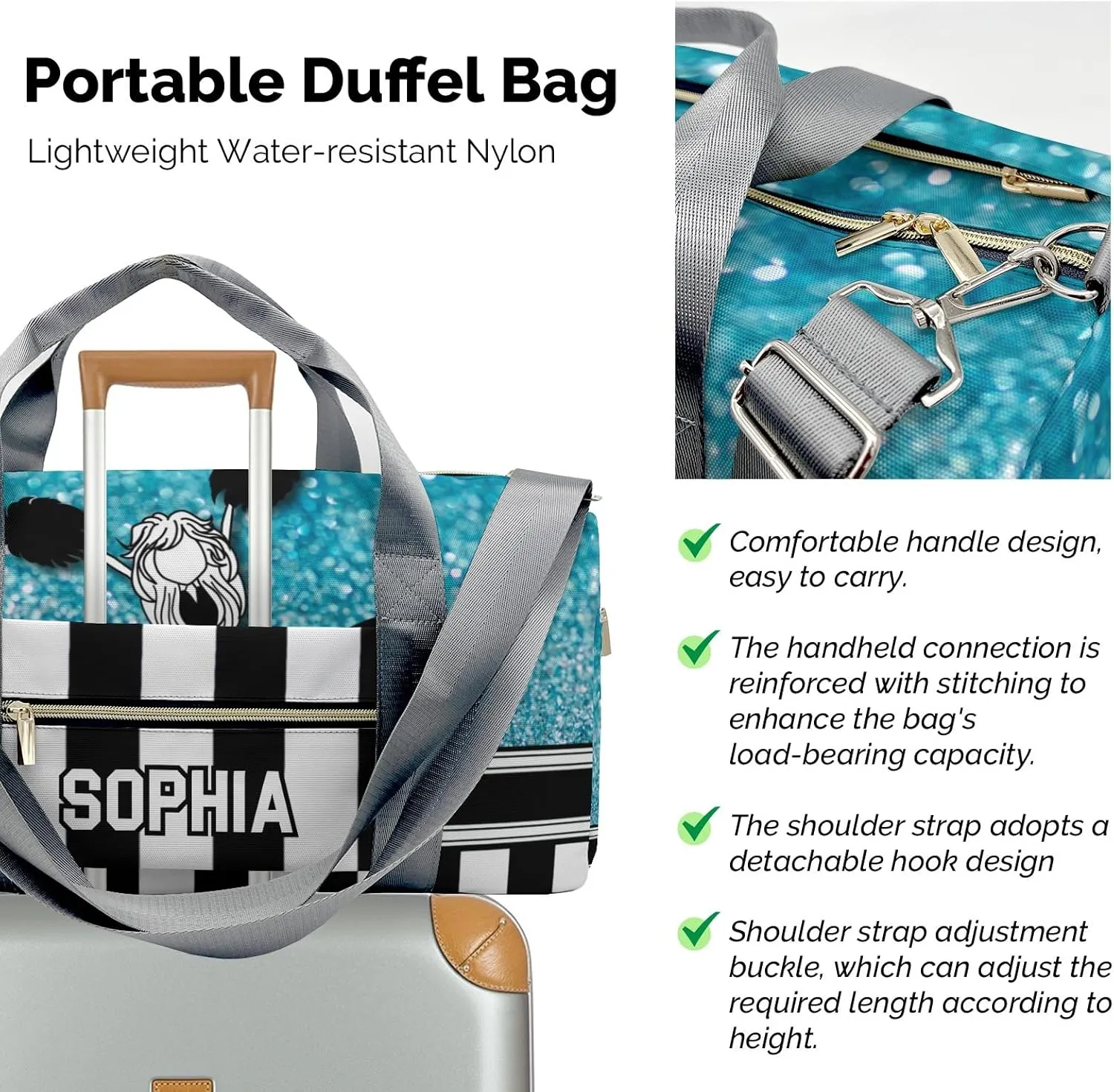 Personalized Cheerleader Girl Sparkly Teal Pom Pom Customized Multi-functional Handbag Travel Bag, Unisex Portable Travel Bag, Sports and Fitness Duffel Bag, Short Trip Storage Bag