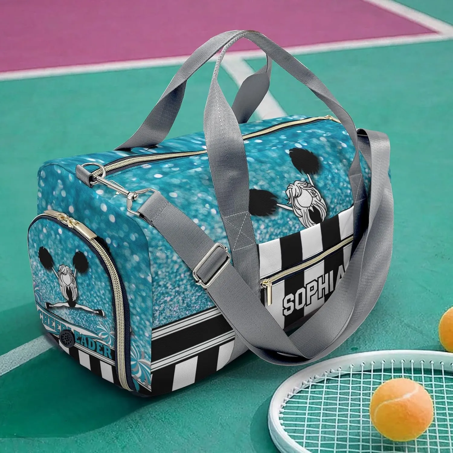 Personalized Cheerleader Girl Sparkly Teal Pom Pom Customized Multi-functional Handbag Travel Bag, Unisex Portable Travel Bag, Sports and Fitness Duffel Bag, Short Trip Storage Bag