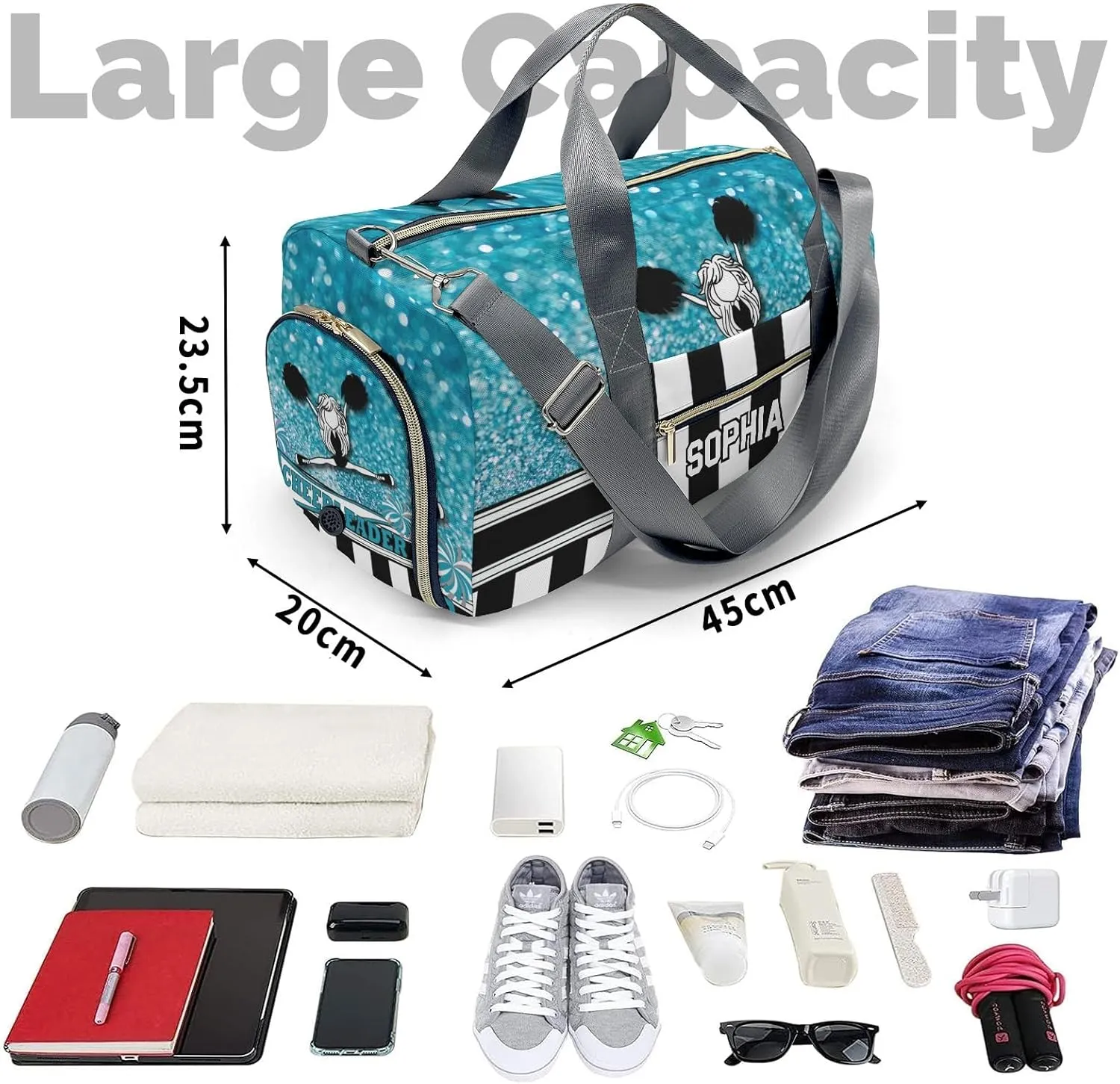 Personalized Cheerleader Girl Sparkly Teal Pom Pom Customized Multi-functional Handbag Travel Bag, Unisex Portable Travel Bag, Sports and Fitness Duffel Bag, Short Trip Storage Bag