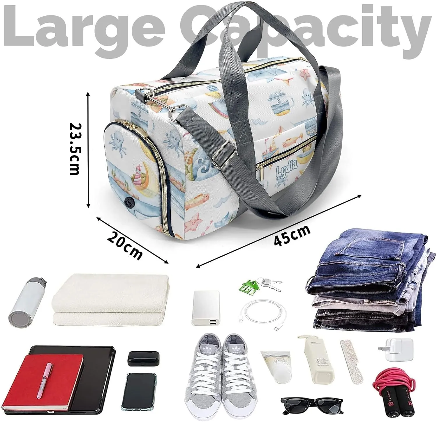 Personalized Cute Sea Pattern with Whale Narwhal Fish Custom Multi-functional Travel Bag, Unisex Portable Duffel Bag, Short Distance Travel Assistant