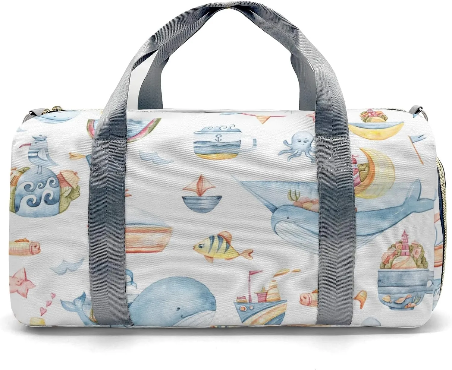 Personalized Cute Sea Pattern with Whale Narwhal Fish Custom Multi-functional Travel Bag, Unisex Portable Duffel Bag, Short Distance Travel Assistant