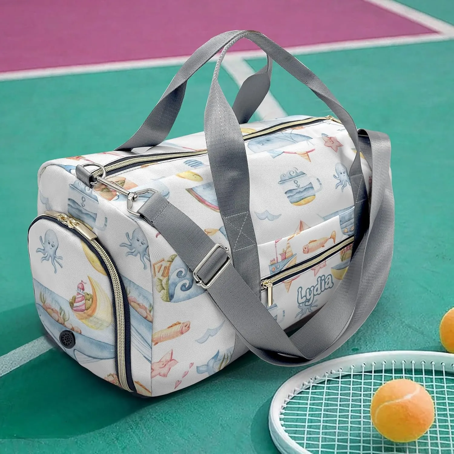 Personalized Cute Sea Pattern with Whale Narwhal Fish Custom Multi-functional Travel Bag, Unisex Portable Duffel Bag, Short Distance Travel Assistant