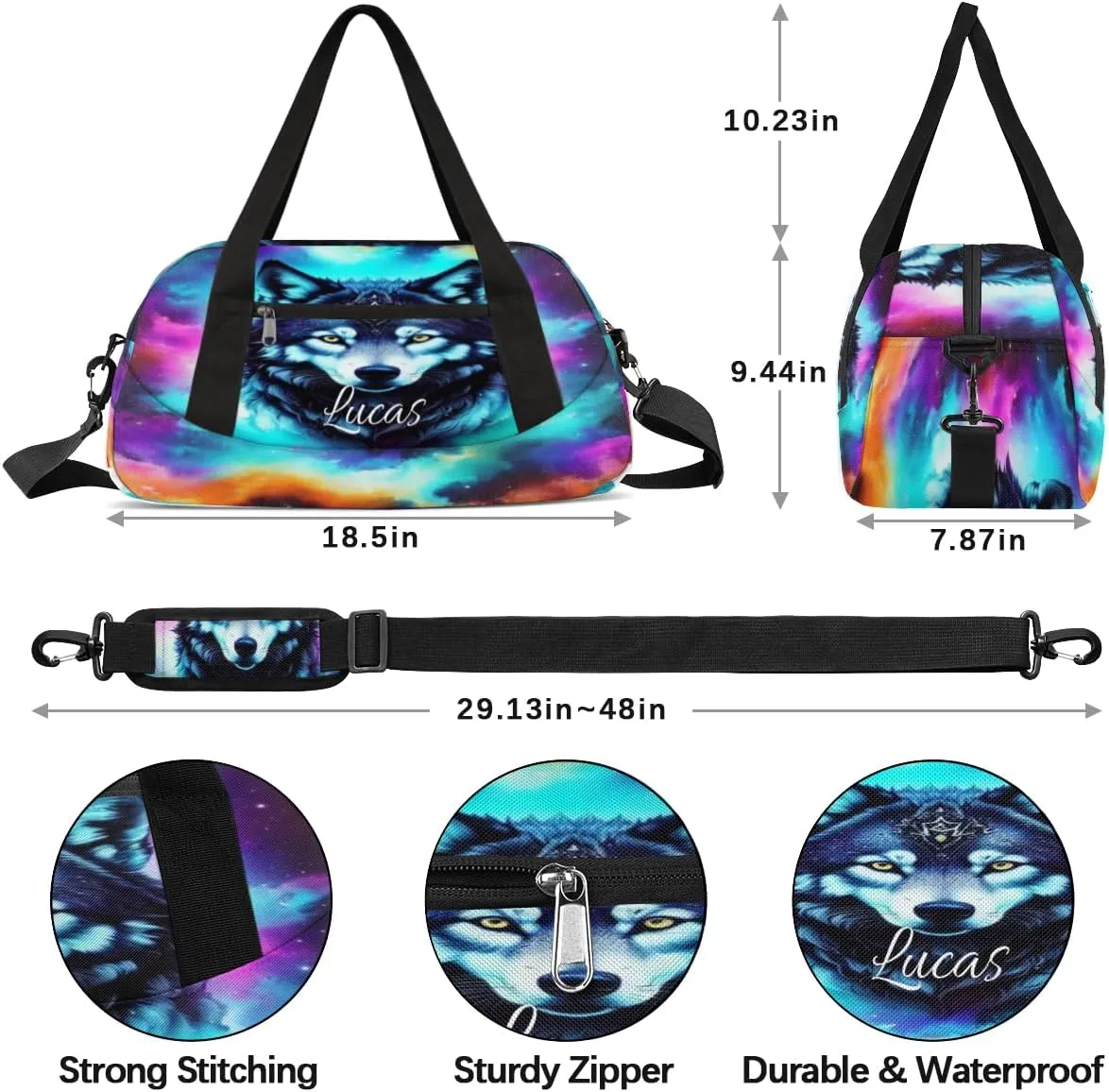 Personalized Dance Bag Gym Bag for Girls Boys, Personalized Custom Sports Gym Bag, Customized Kids Travel Duffel Bags Weekender Overnight Bag for Kids, Animal Wolf Colorful Pattern