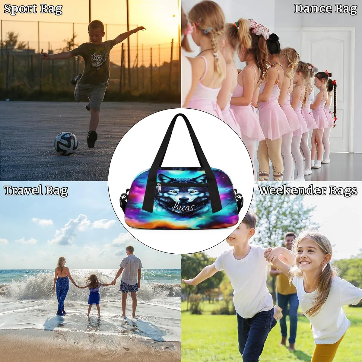 Personalized Dance Bag Gym Bag for Girls Boys, Personalized Custom Sports Gym Bag, Customized Kids Travel Duffel Bags Weekender Overnight Bag for Kids, Animal Wolf Colorful Pattern