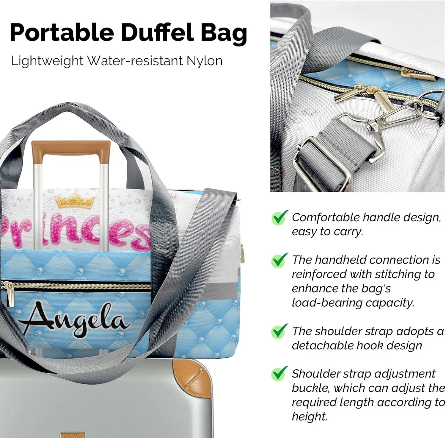 Personalized Diamond Princess Crown Blue Customized Multi-functional Handbag Travel Bag,Unisex Short Trip Portable Duffel Bag
