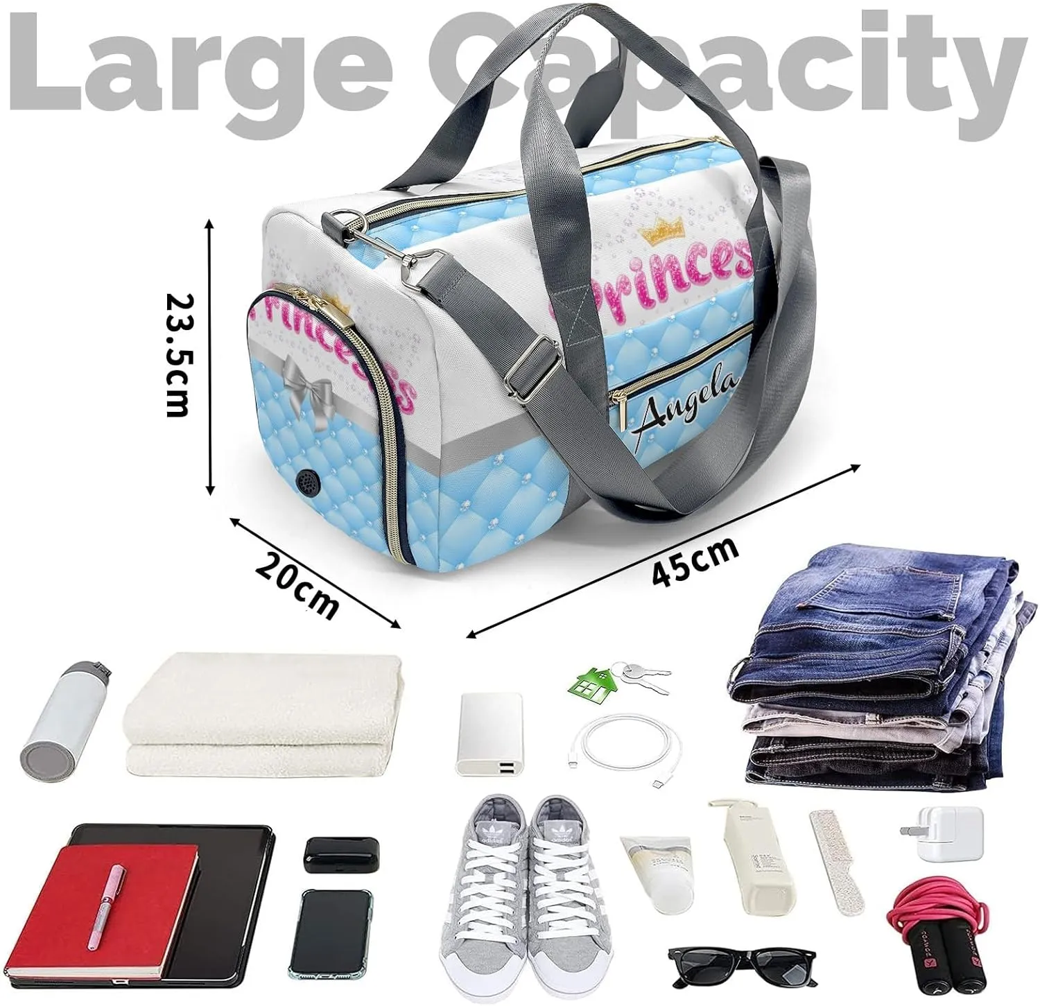 Personalized Diamond Princess Crown Blue Customized Multi-functional Handbag Travel Bag,Unisex Short Trip Portable Duffel Bag