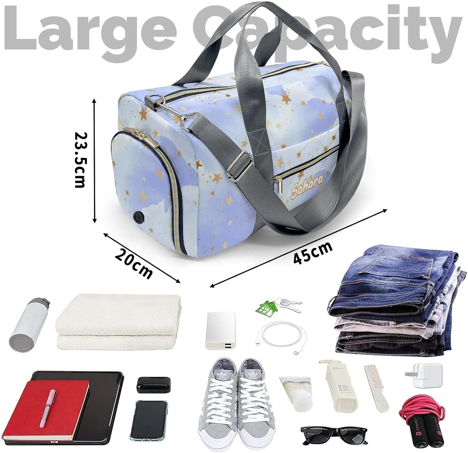 Personalized Golden Star Pattern Custom Multi-functional Travel Bag, Unisex Portable Duffel Bag, Short Distance Travel Assistant