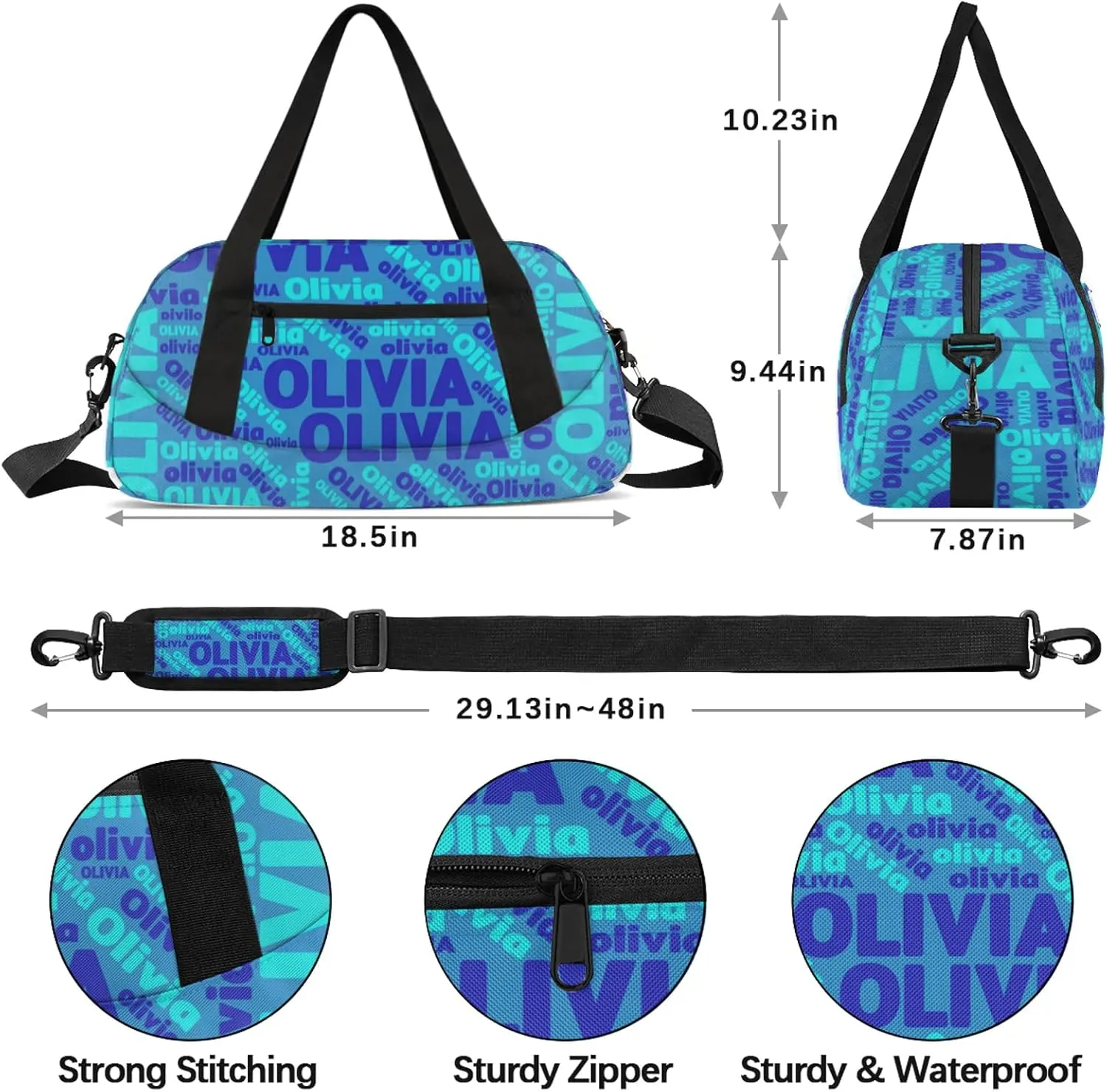 Personalized Gym Sport Duffel Bag with Name Custom Travel Overnight Bag Waterproof Customized Dance Bag Carry-On Tote 18.5in, Blue
