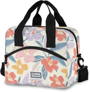 Personalized Insulated Lunch Bag Cooler Tote Bag Box Large for Women Men Flowers Sketching Naive Name Customized School Work Portable Adjustable Shoulder Strap Pocket