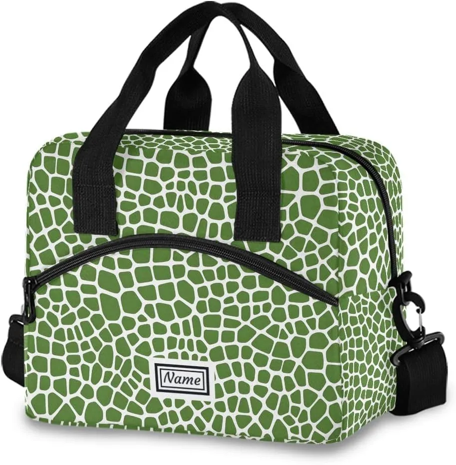 Personalized Insulated Lunch Bag Cooler Tote Bag Box Large for Women Men Lizard Skin Green Name Customized School Work Portable Adjustable Shoulder Strap Pocket