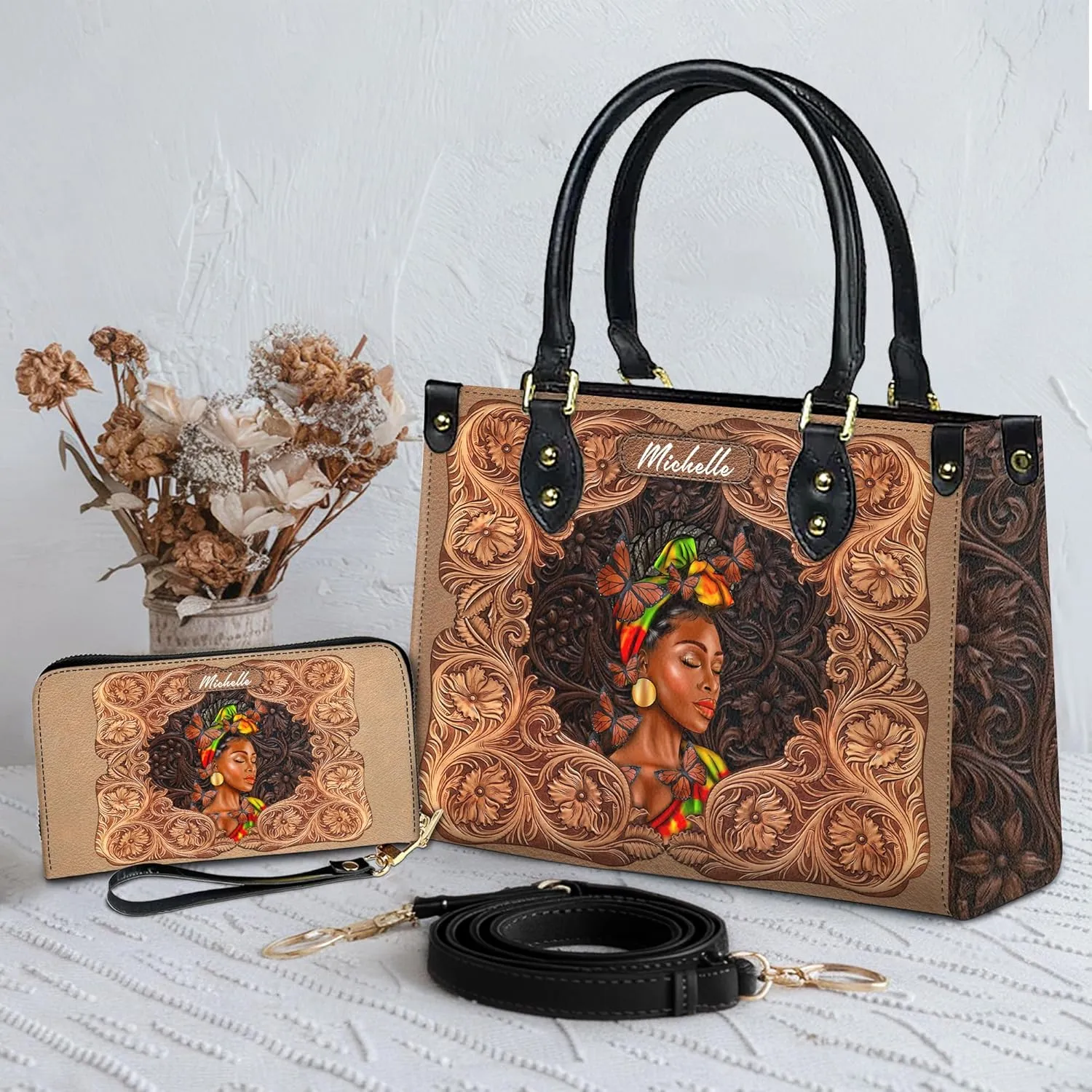 Personalized Leather Handbag For Black African Women – Matching Purse and Wallet Set – Mother's Day Gifts for Melanin Woman