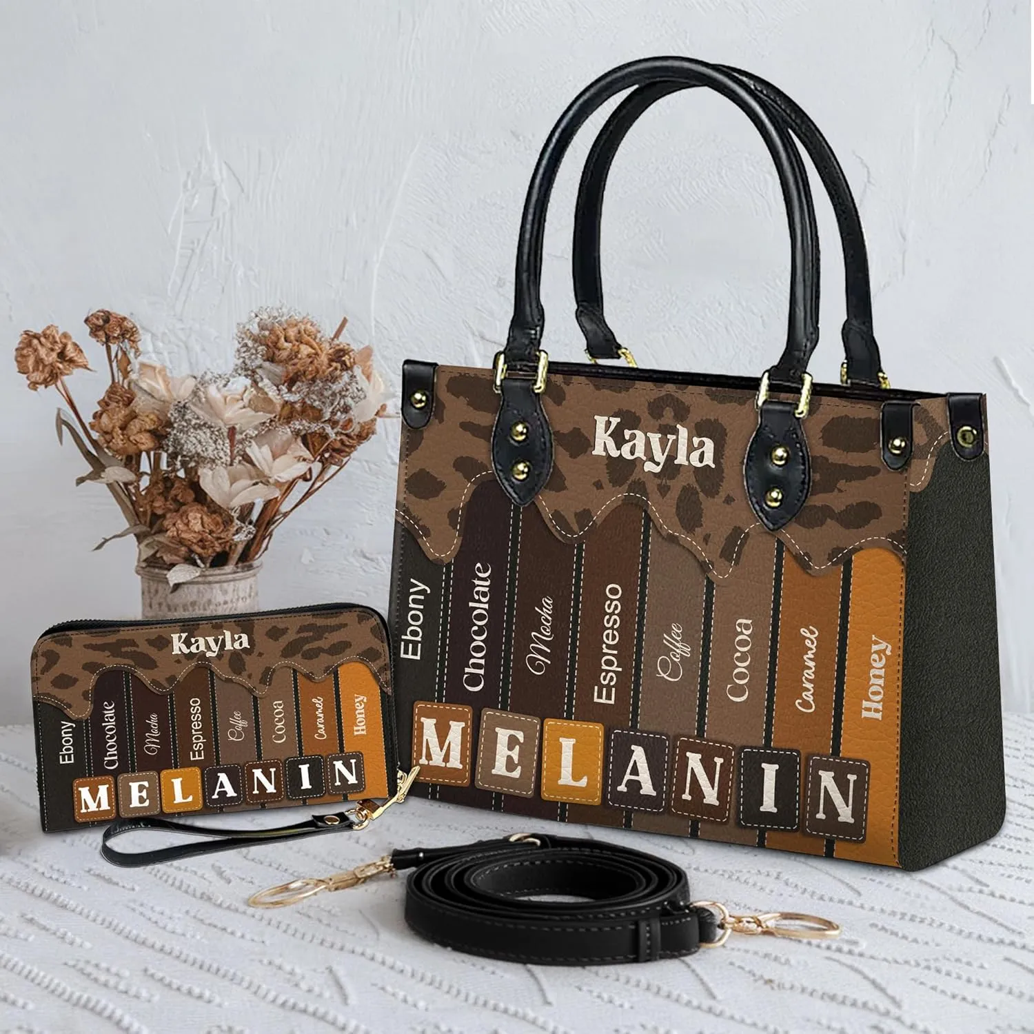 Personalized Leather Handbag For Black African Women – Matching Purse and Wallet Set – Mother's Day Gifts for Melanin Woman