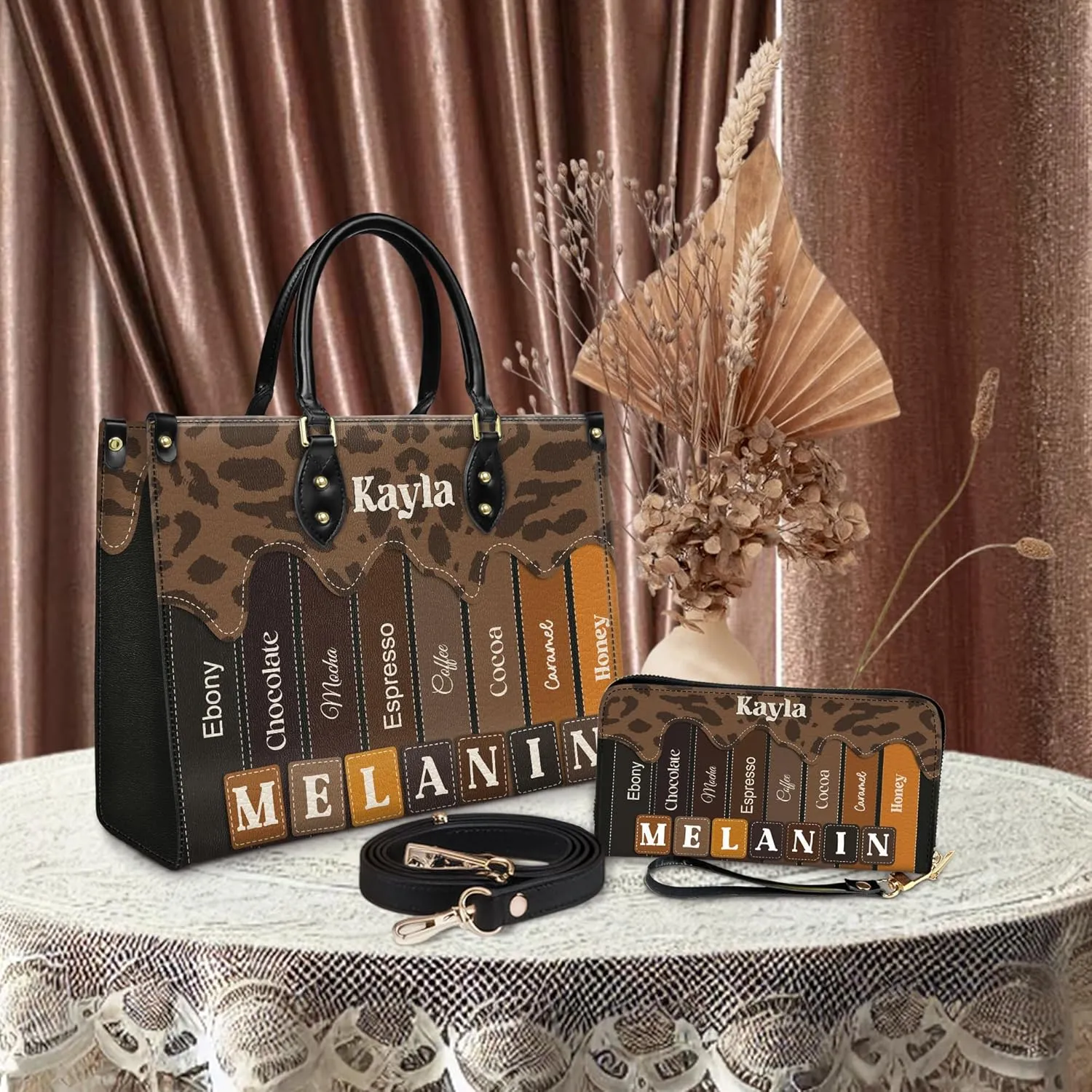 Personalized Leather Handbag For Black African Women – Matching Purse and Wallet Set – Mother's Day Gifts for Melanin Woman