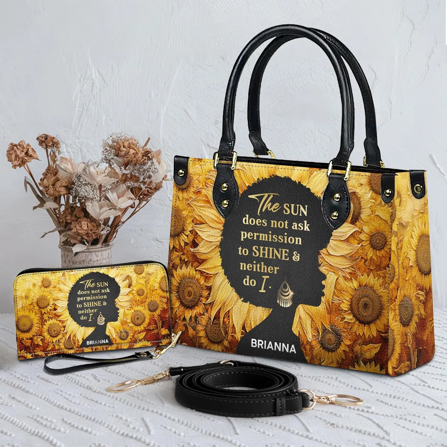 Personalized Leather Handbag For Black African Women – Matching Purse and Wallet Set – Mother's Day Gifts for Melanin Woman