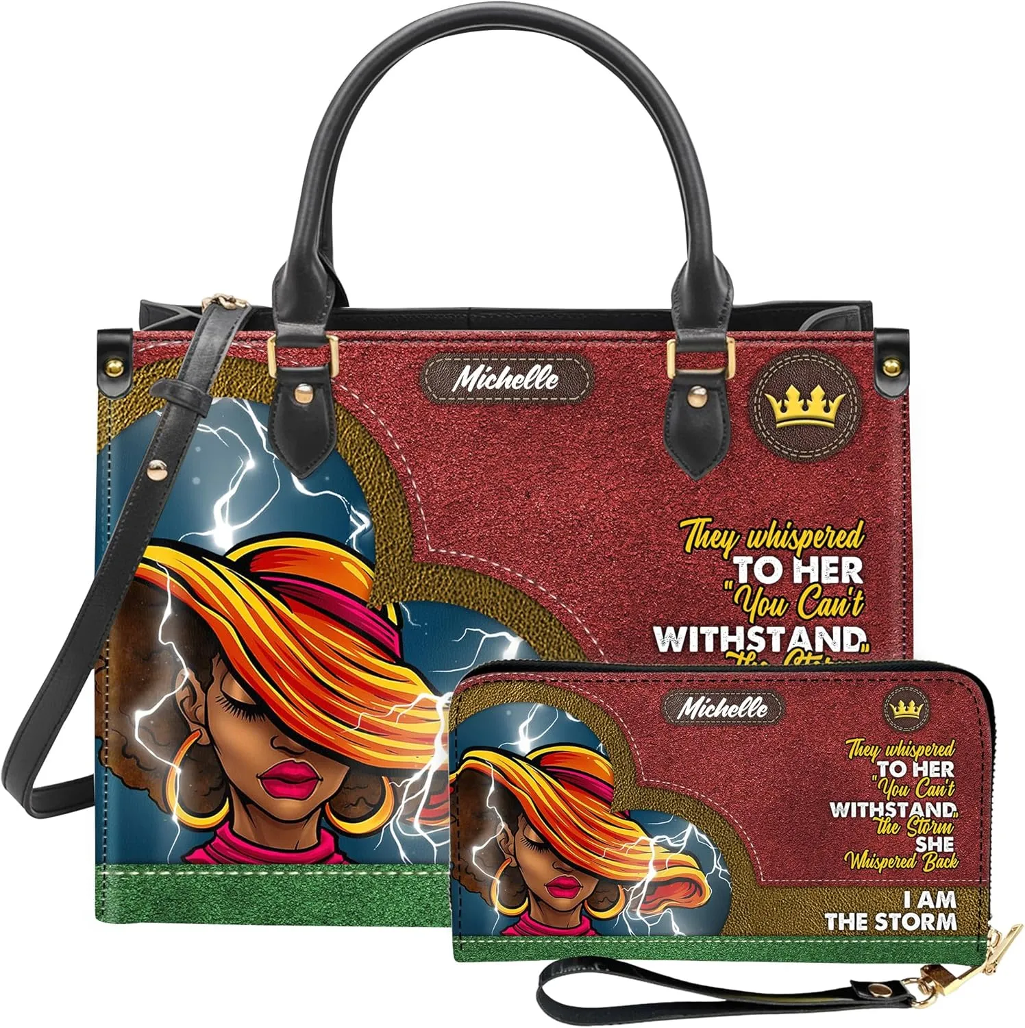 Personalized Leather Handbag For Black African Women – Matching Purse and Wallet Set – Mother's Day Gifts for Melanin Woman
