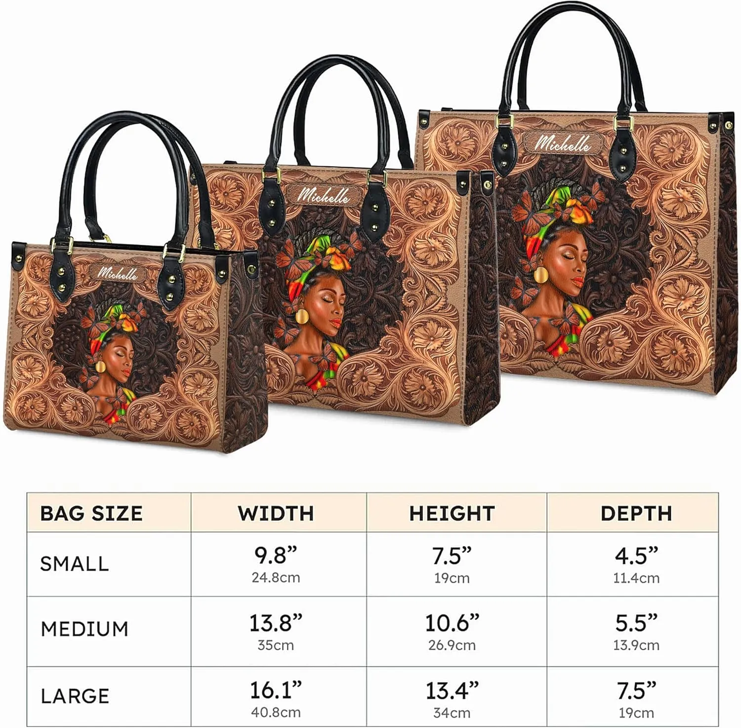 Personalized Leather Handbag For Black African Women – Matching Purse and Wallet Set – Mother's Day Gifts for Melanin Woman