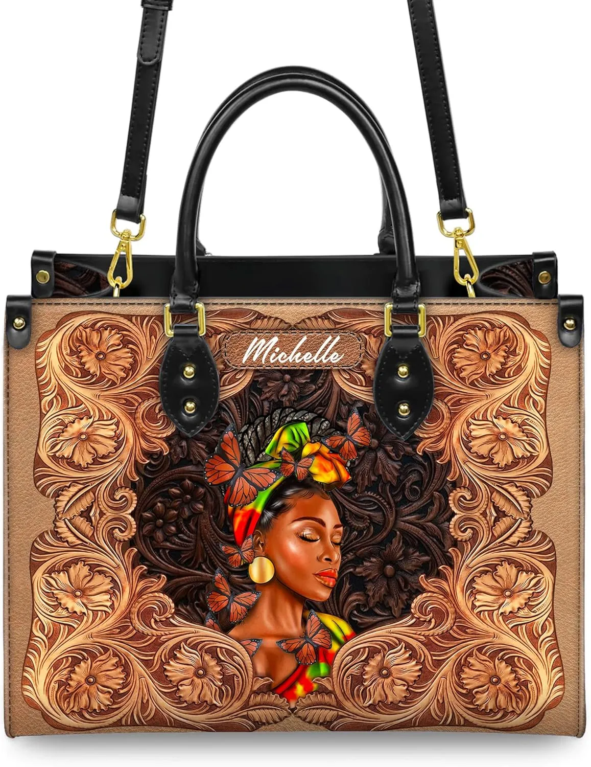 Personalized Leather Handbag For Black African Women – Matching Purse and Wallet Set – Mother's Day Gifts for Melanin Woman