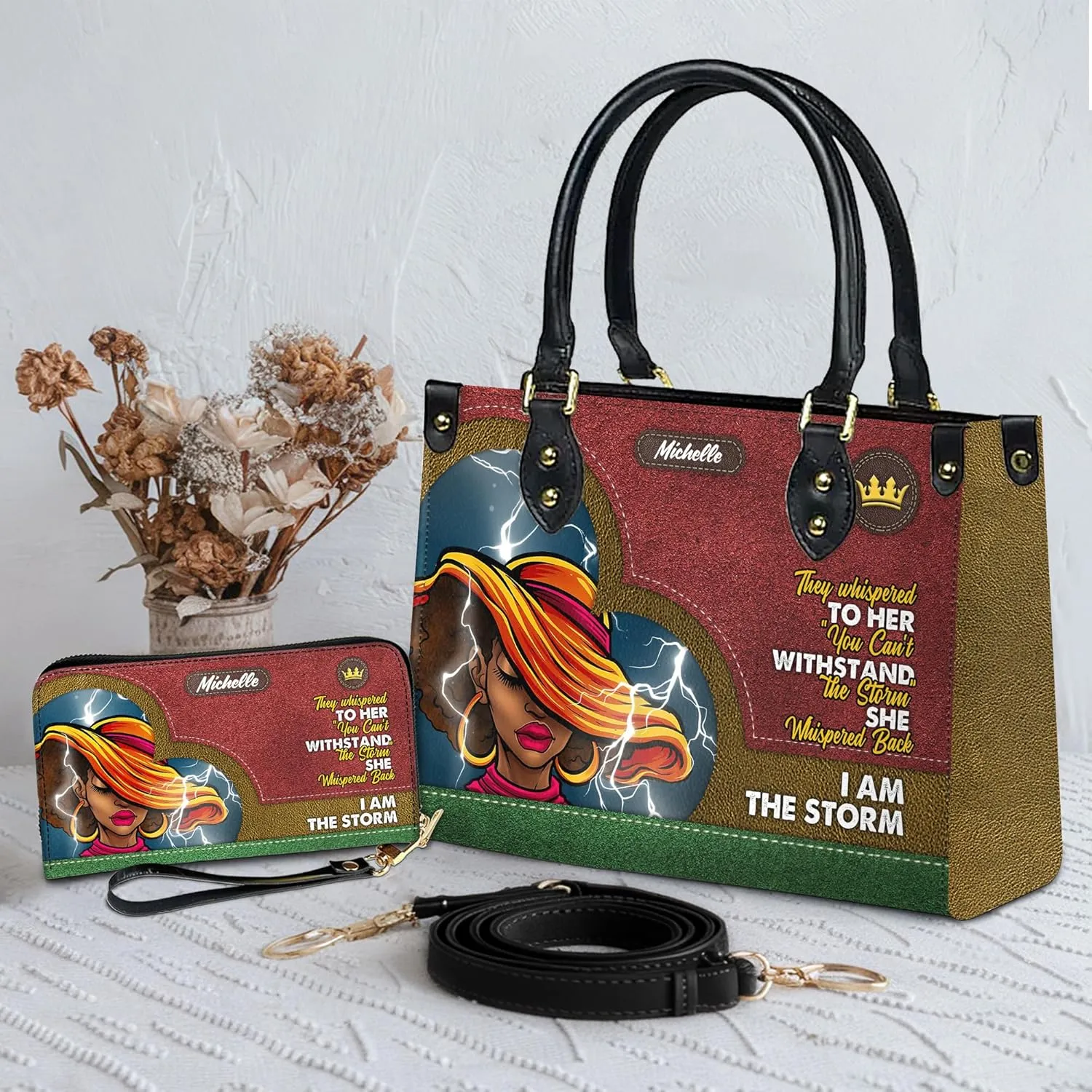 Personalized Leather Handbag For Black African Women – Matching Purse and Wallet Set – Mother's Day Gifts for Melanin Woman