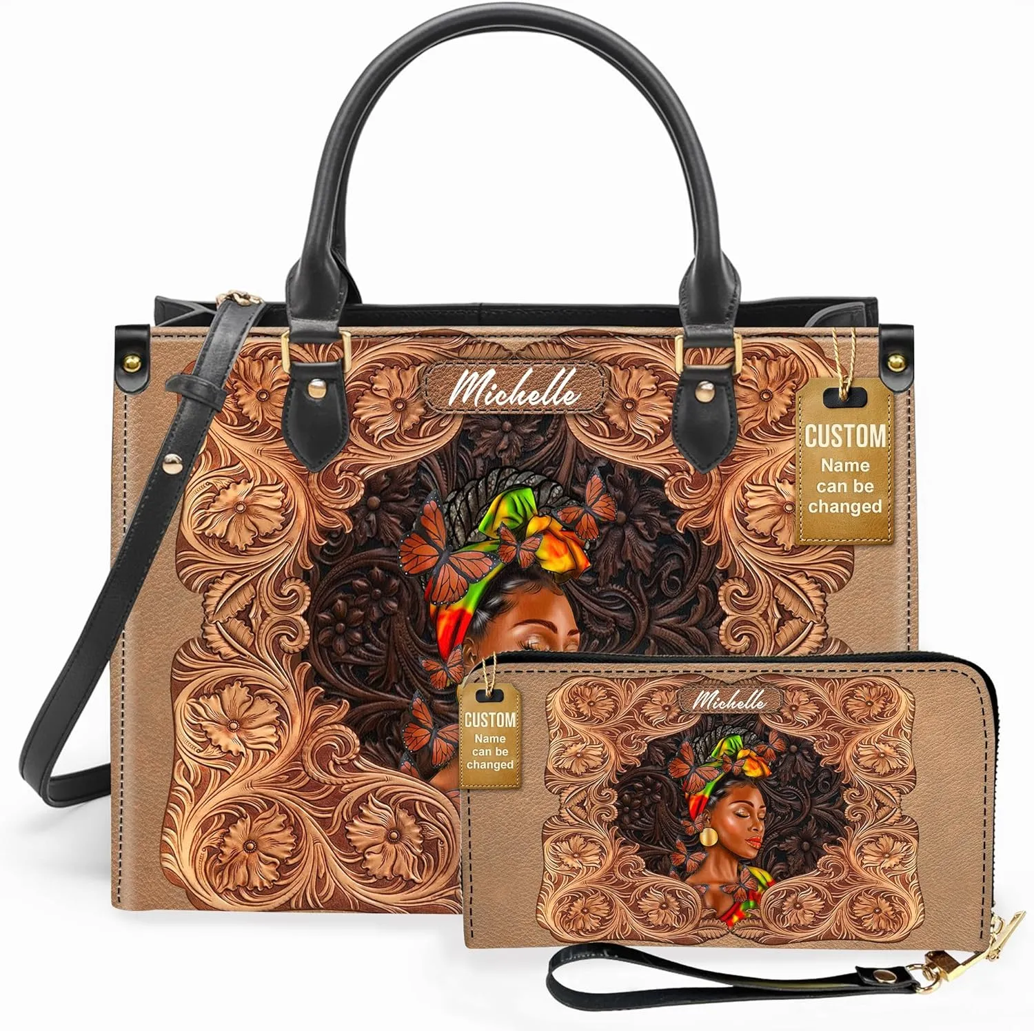 Personalized Leather Handbag For Black African Women – Matching Purse and Wallet Set – Mother's Day Gifts for Melanin Woman