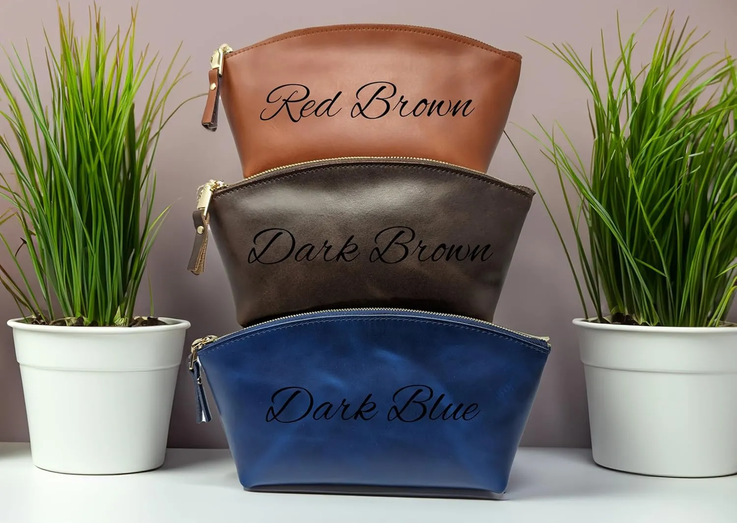 Personalized Leather Makeup Bag for Women | Customized Cosmetic Bag | Engraved Cosmetic Organizer Purse Christmas Gift (Caramel)