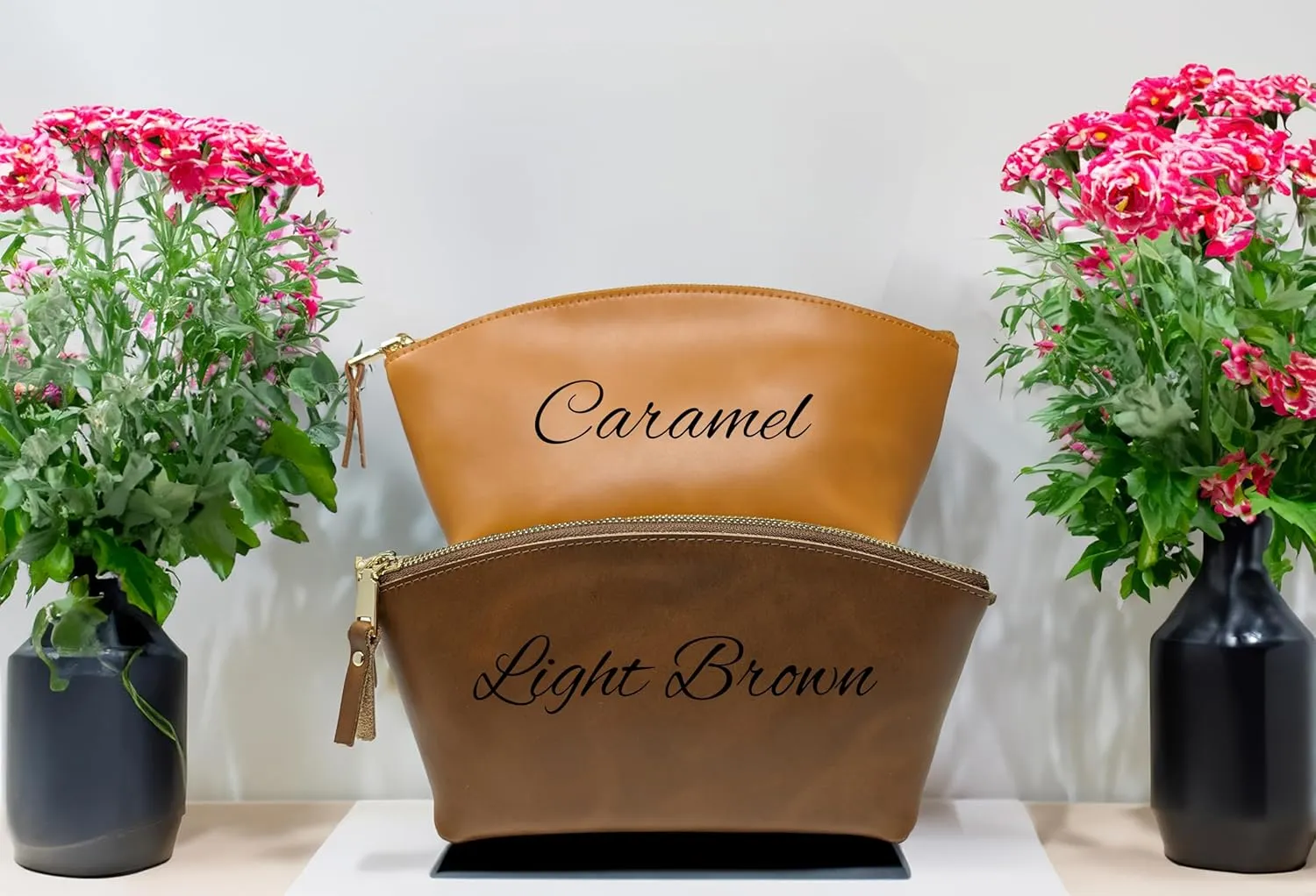 Personalized Leather Makeup Bag for Women | Customized Cosmetic Bag | Engraved Cosmetic Organizer Purse Christmas Gift (Caramel)