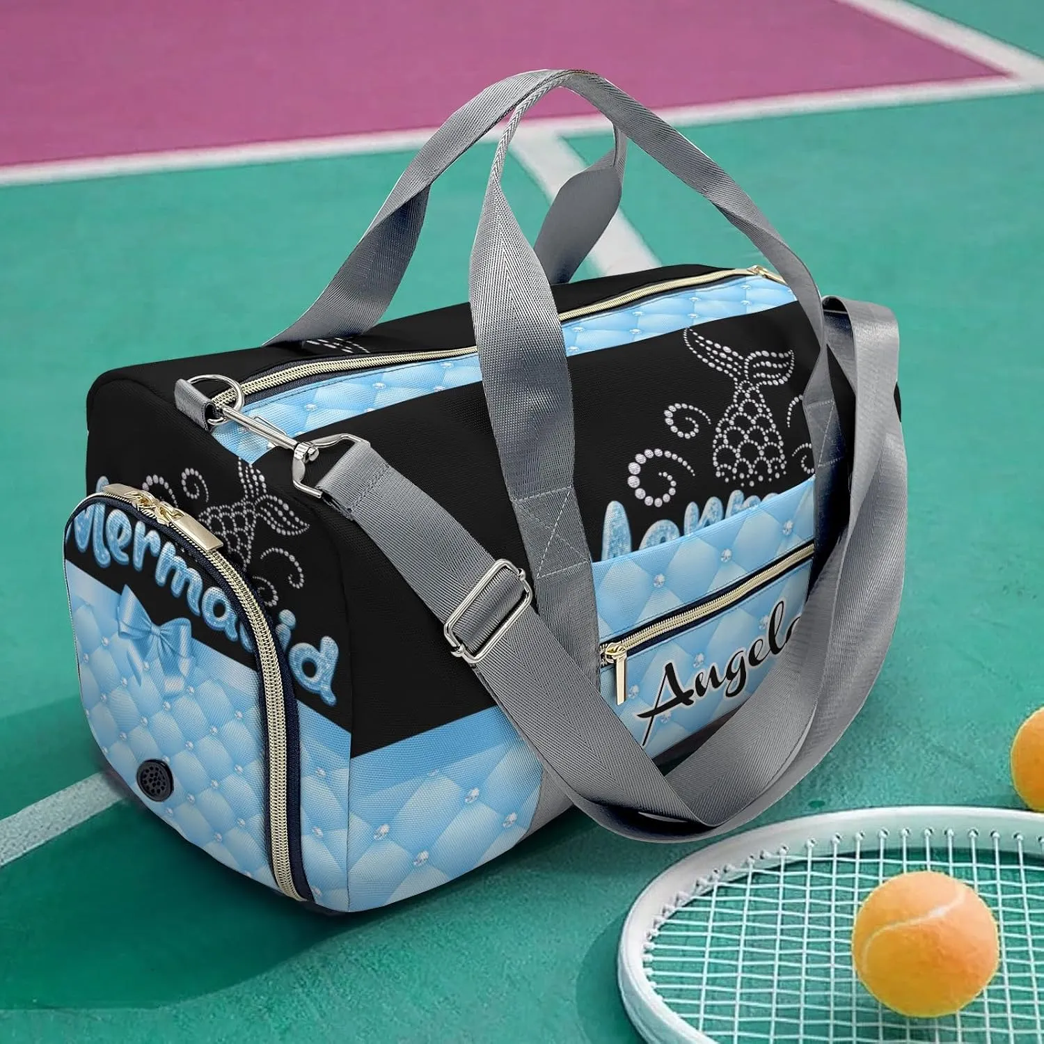 Personalized Mermaid Princess Bow Blue Customized Multi-functional Handbag Travel Bag,Unisex Short Trip Portable Duffel Bag