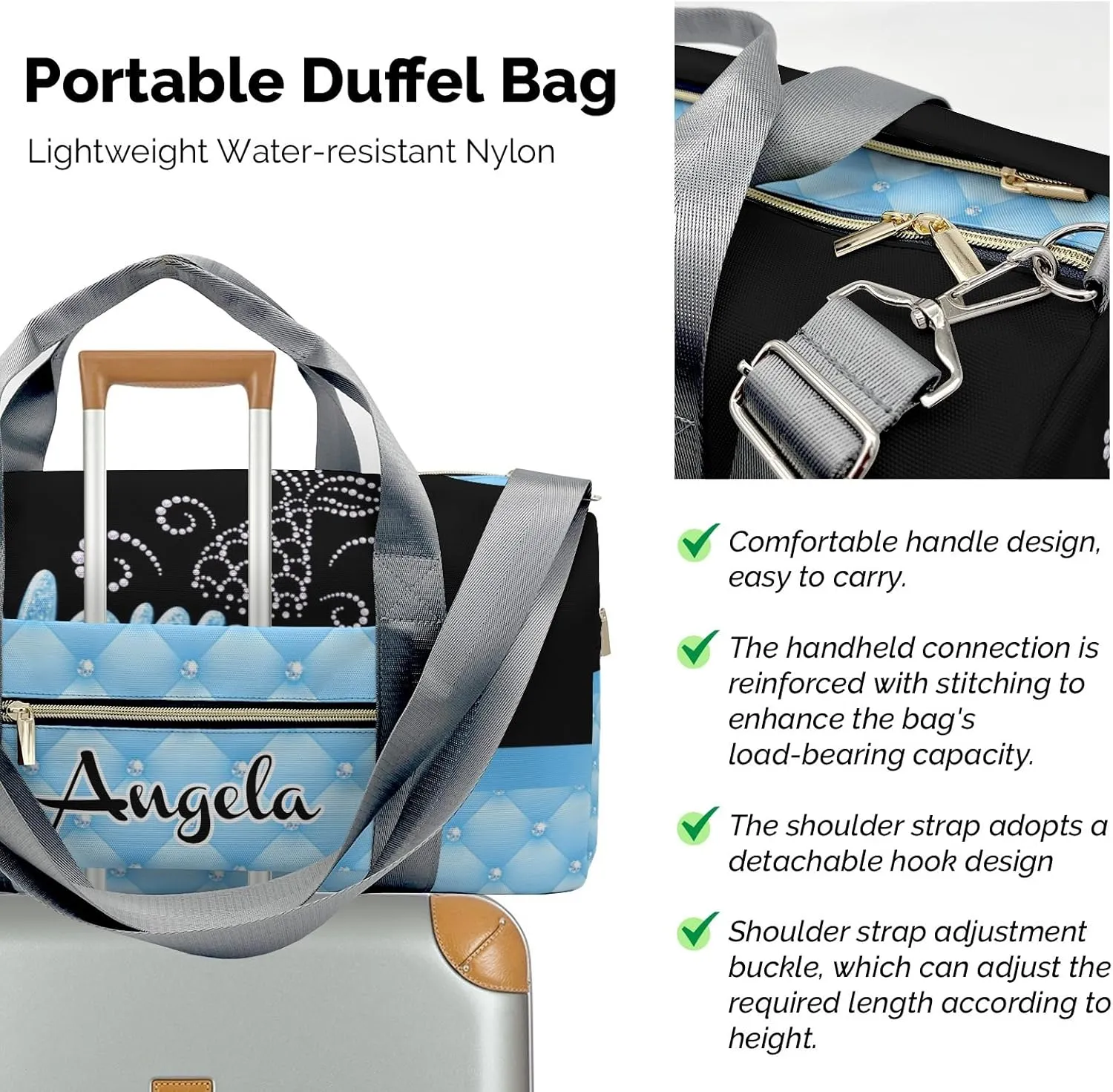 Personalized Mermaid Princess Bow Blue Customized Multi-functional Handbag Travel Bag,Unisex Short Trip Portable Duffel Bag