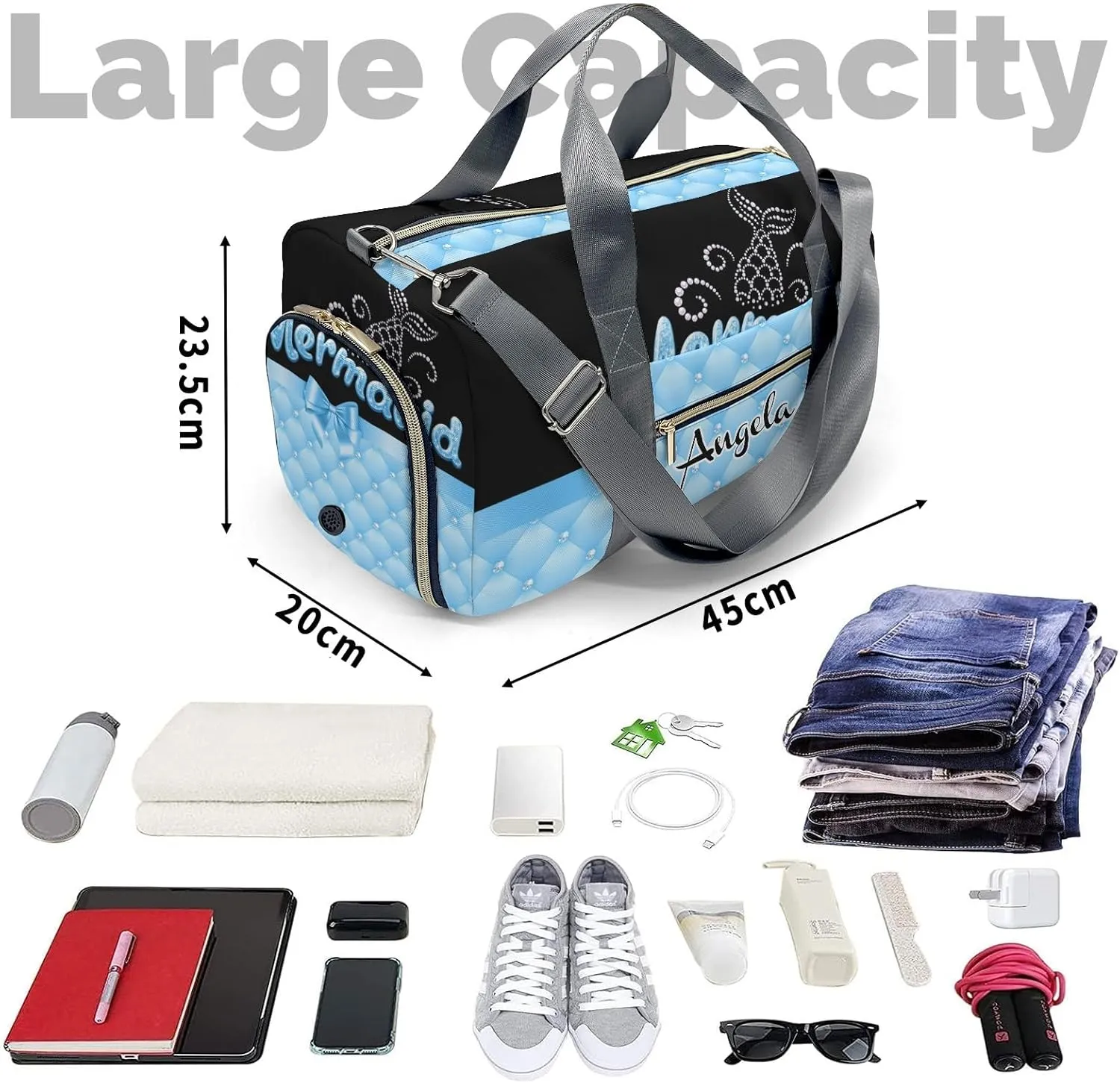 Personalized Mermaid Princess Bow Blue Customized Multi-functional Handbag Travel Bag,Unisex Short Trip Portable Duffel Bag