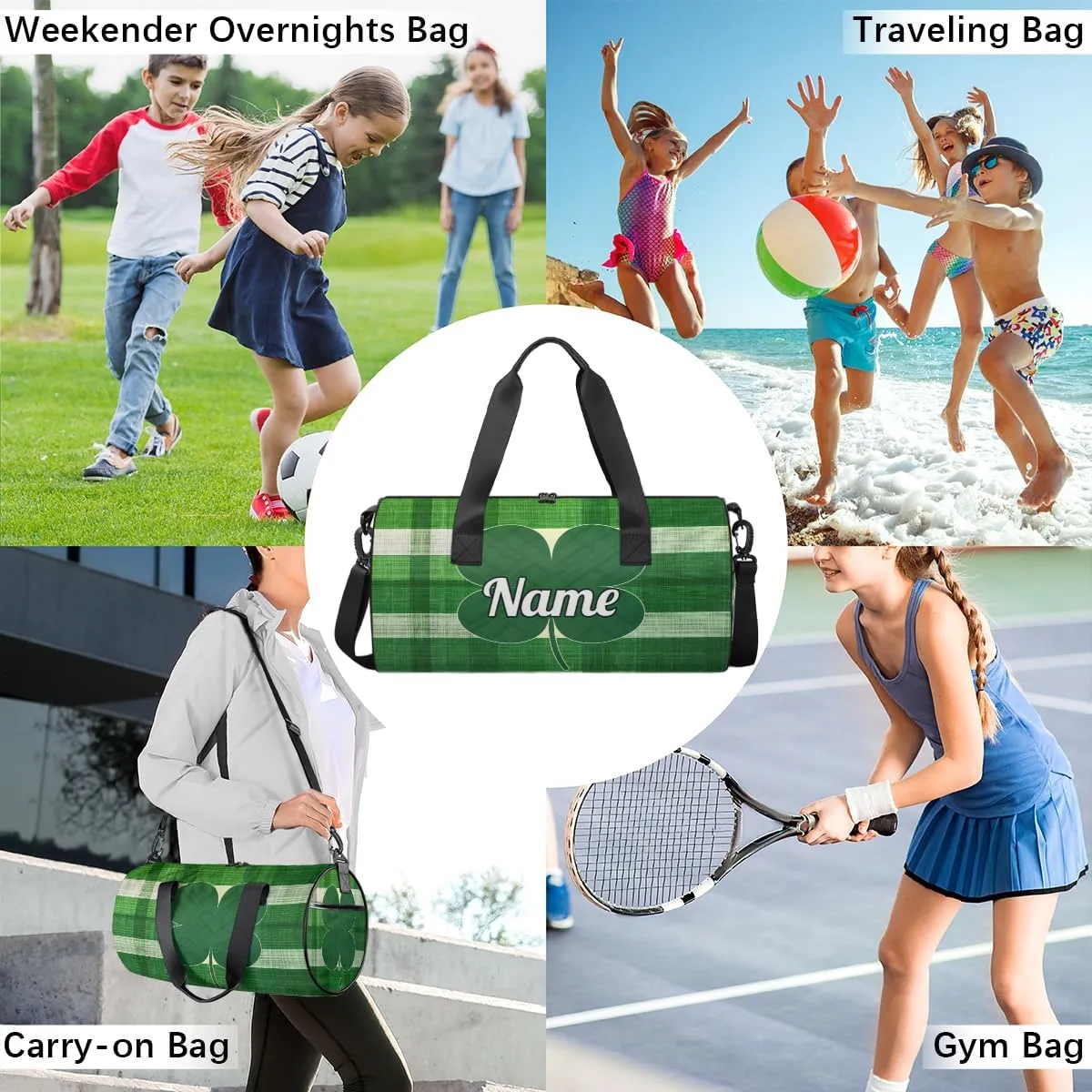 Personalized Sport Gym Bag Dance Duffle Ballet Bag Overnight Travel Sleepover Bags Swimming Hiking Camping, Green Clover St Patrick's Day