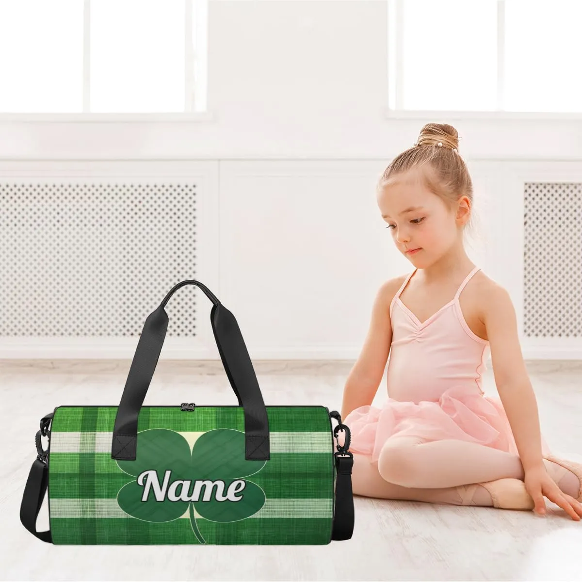 Personalized Sport Gym Bag Dance Duffle Ballet Bag Overnight Travel Sleepover Bags Swimming Hiking Camping, Green Clover St Patrick's Day