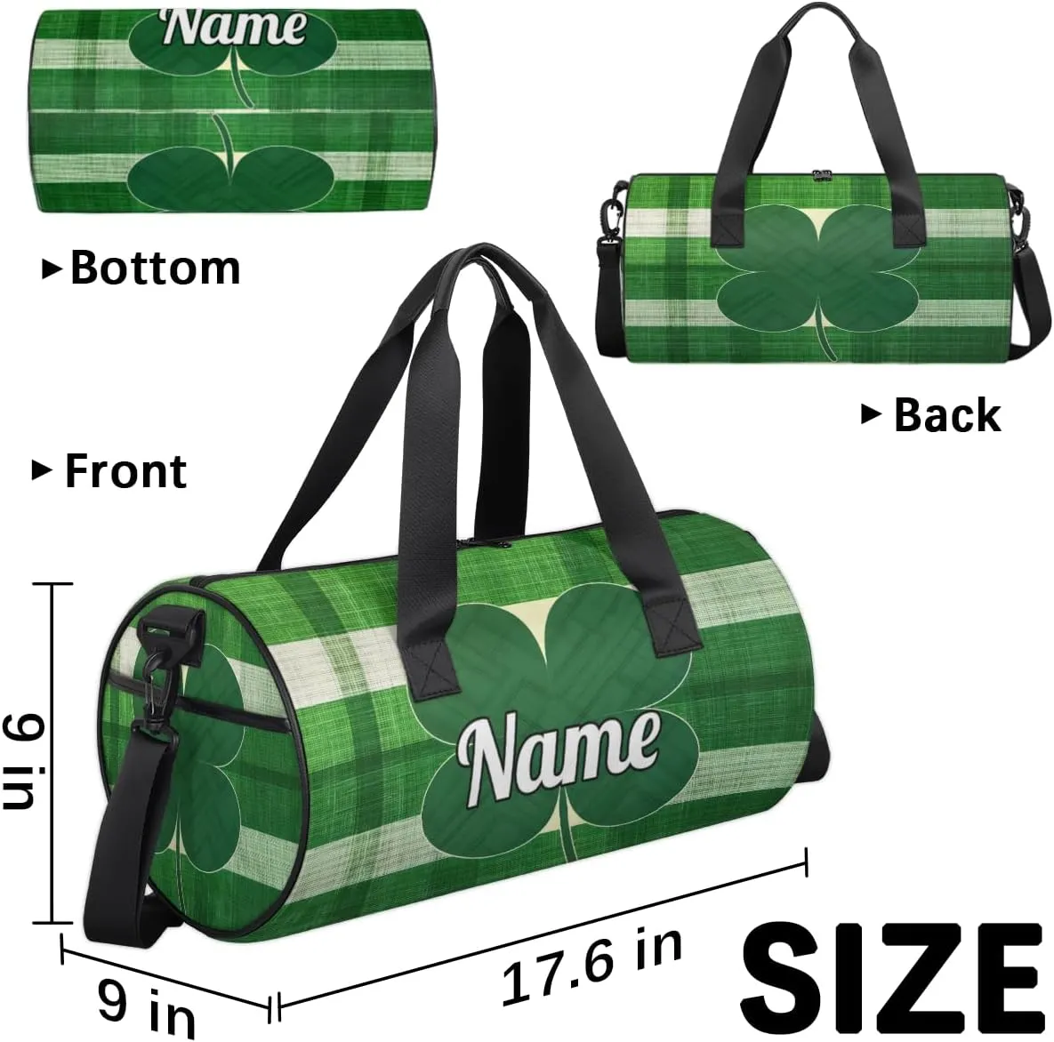 Personalized Sport Gym Bag Dance Duffle Ballet Bag Overnight Travel Sleepover Bags Swimming Hiking Camping, Green Clover St Patrick's Day