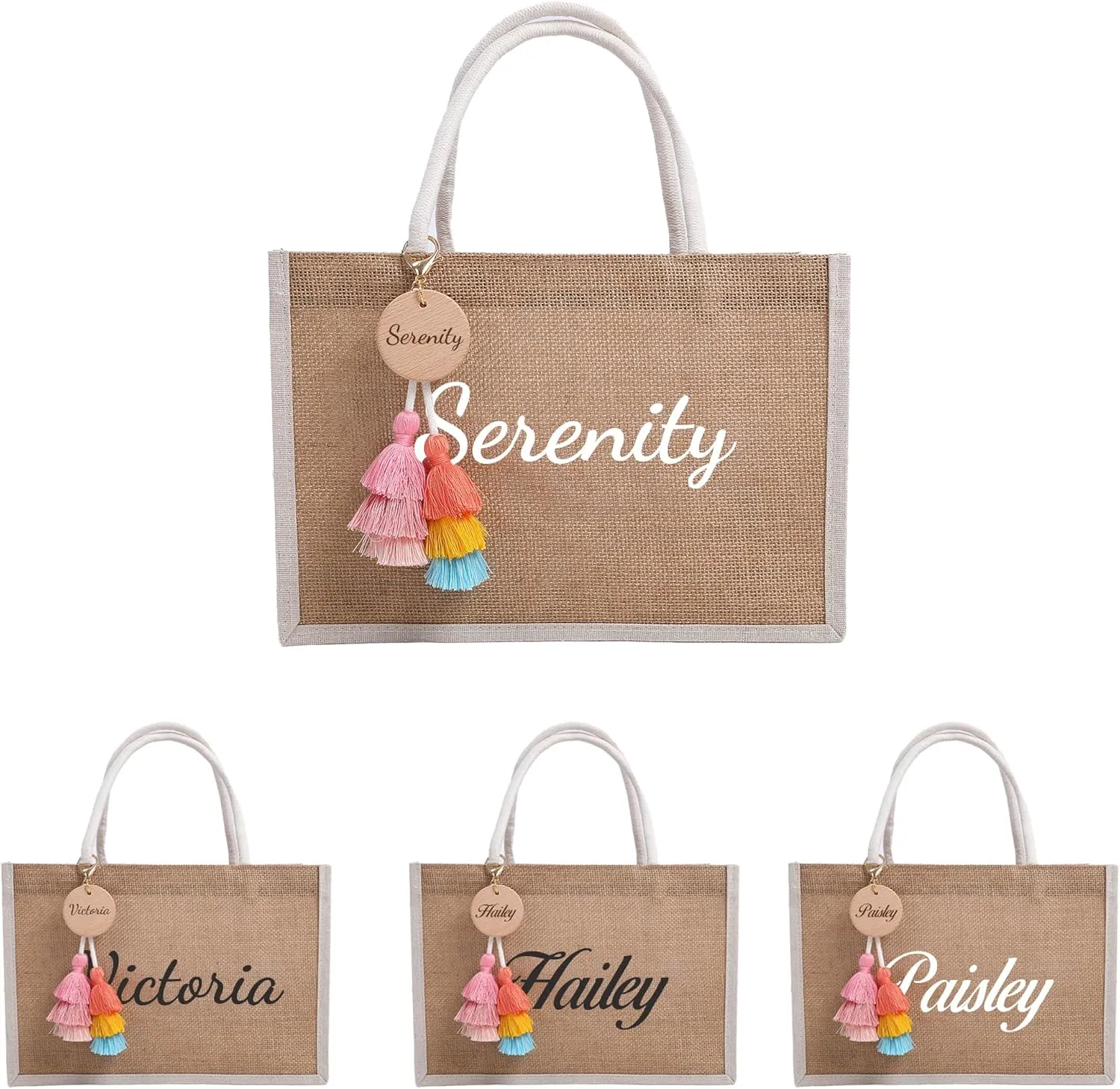Personalized Tote Bags & Charm for Women, Custom Burlap Jute Tote Bag with Name, Handmade Beach Bags, Girls Shopping Bag, Bridal Shower, Customized Bridesmaid Gift, Bachelorette Bags, Gift for Mom