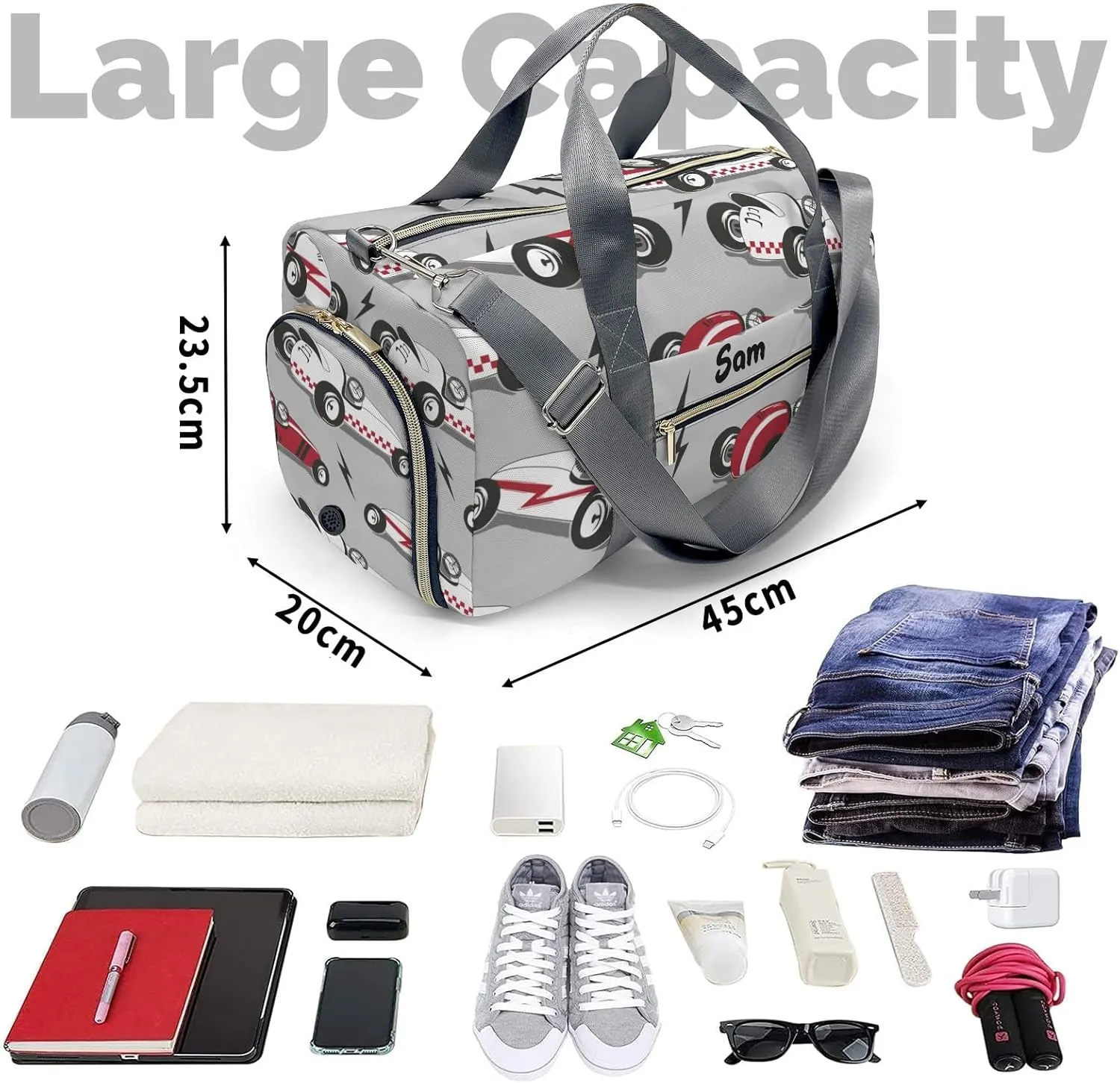 Personalized Vintage Race Car Custom Multi-functional Travel Bag, Unisex Portable Duffel Bag, Short Distance Travel Assistant