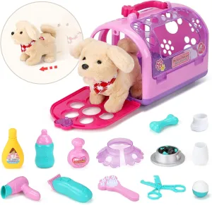 Pet Care Play Set Electric Vet Play Set-Walking,Barking,Tail Wagging Little Plush Dog Grooming Toys with Puppy Carrier Feeding Dog Educational Toys for Toddler Kids