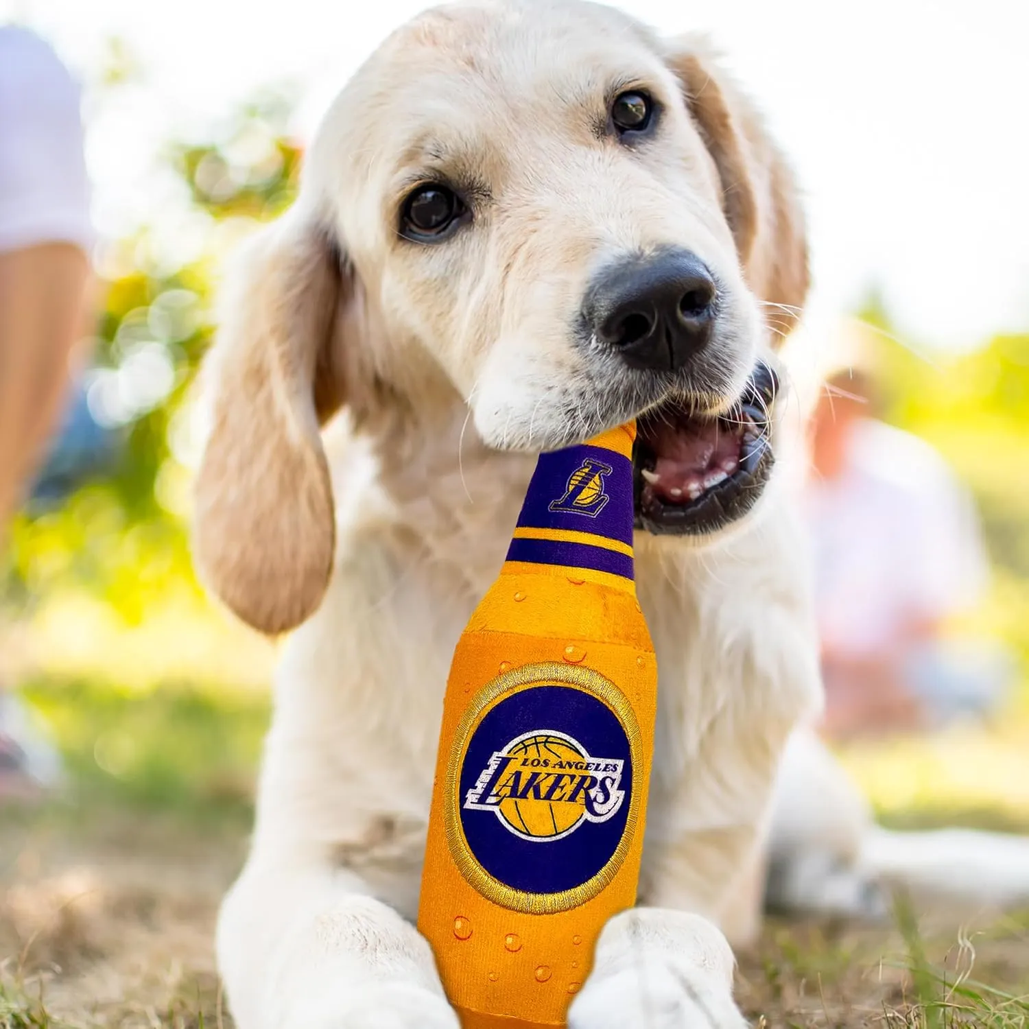 Pets First NBA Los Angeles Lakers Beer Bottle Plush Dog & CAT Squeak Toy - Cutest Stadium SODA Bottle Snack Plush Toy for Dogs & Cats with Inner Squeaker & Beautiful Basketball Team Name/Logo