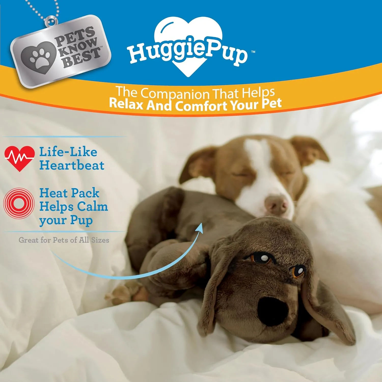 Pets Know Best presents HuggiePup - Cuddly Puppy Behavioral Aid Toy, Great for Crate Training- Pulsing Heartbeat, Heating Pack- Chocolate Dog