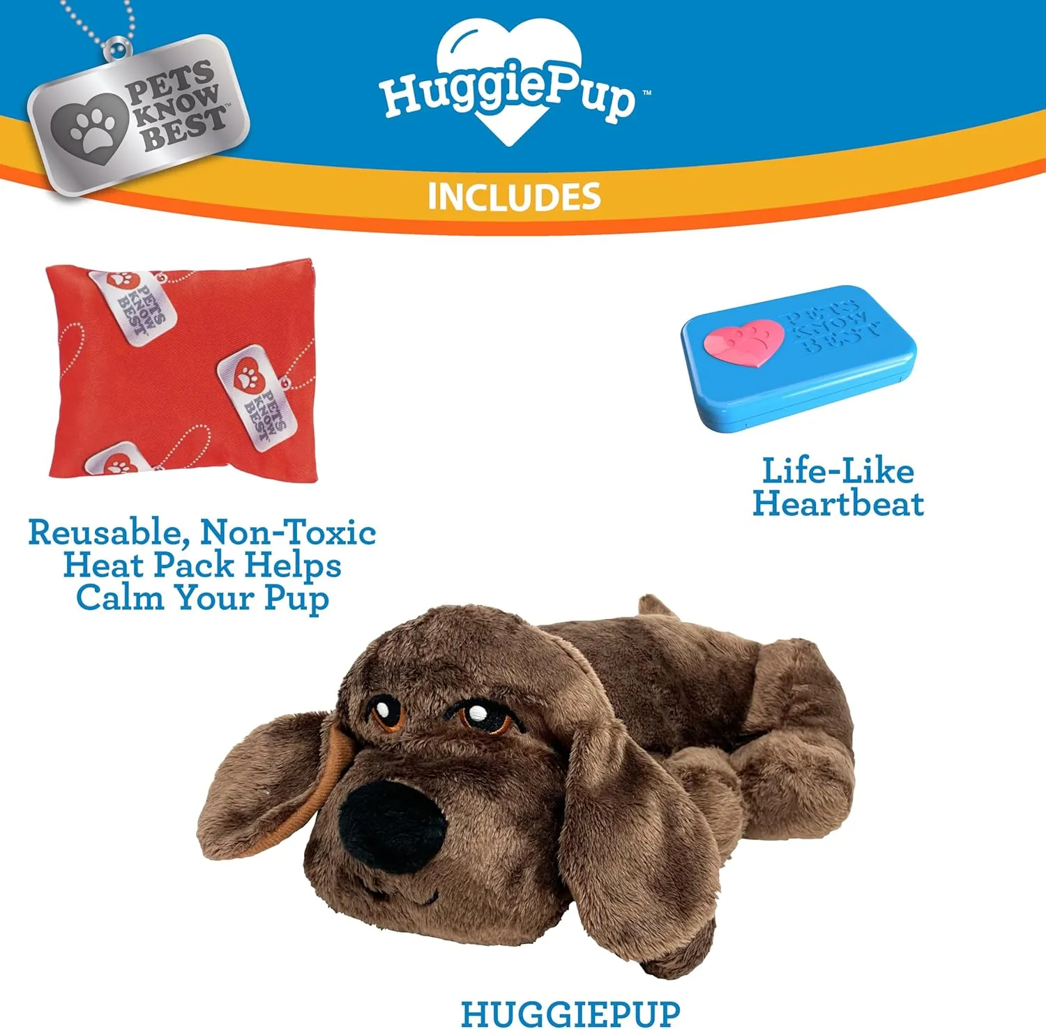 Pets Know Best presents HuggiePup - Cuddly Puppy Behavioral Aid Toy, Great for Crate Training- Pulsing Heartbeat, Heating Pack- Chocolate Dog