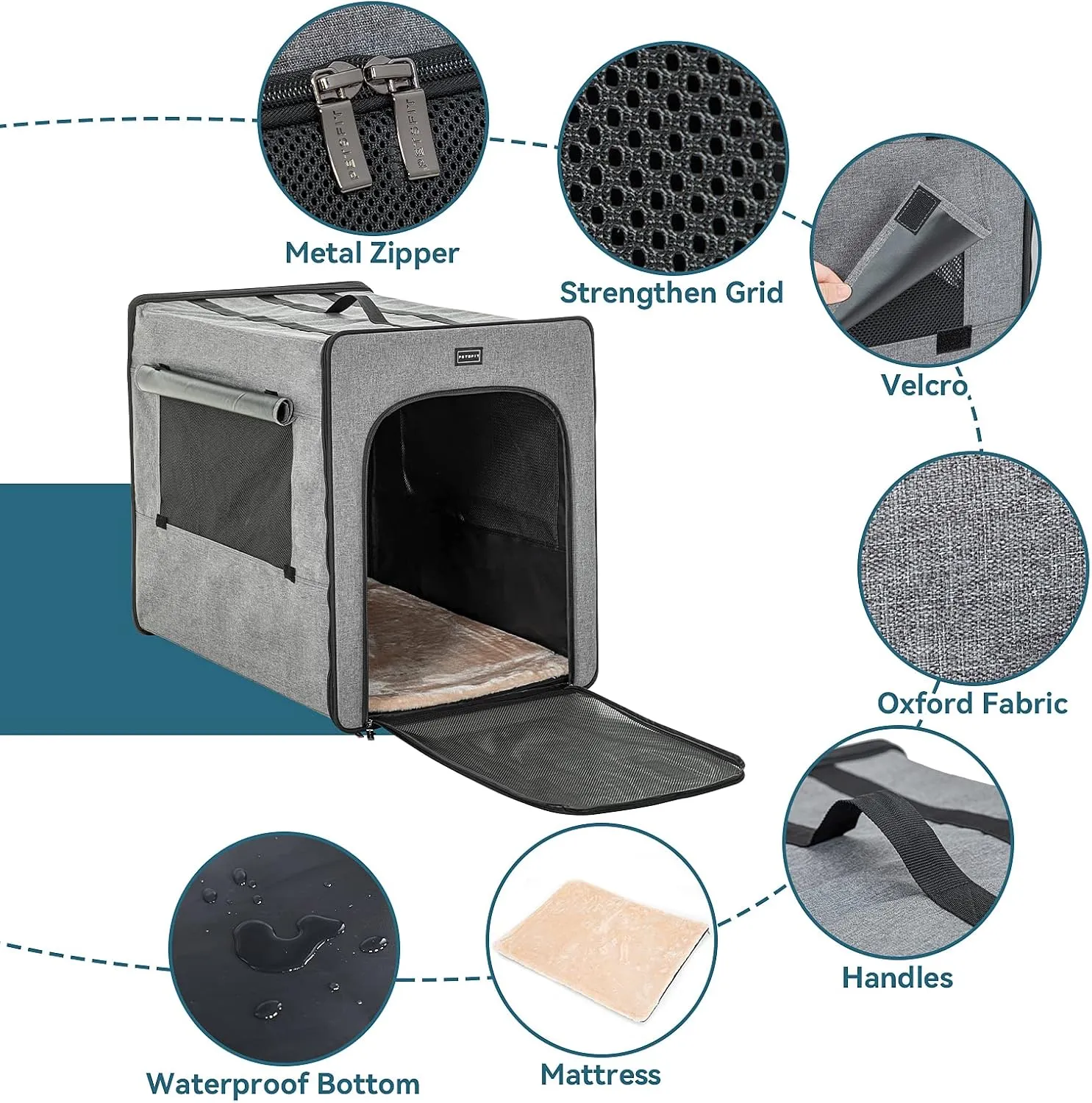 PETSFIT Travel Dog Crate, Soft Sided Dog Crate - 24 Inch with Thicken Mat, Easy to Fold, Sturdy and Portable, Perfect for Traveling, Portable Dog Kennel Grey