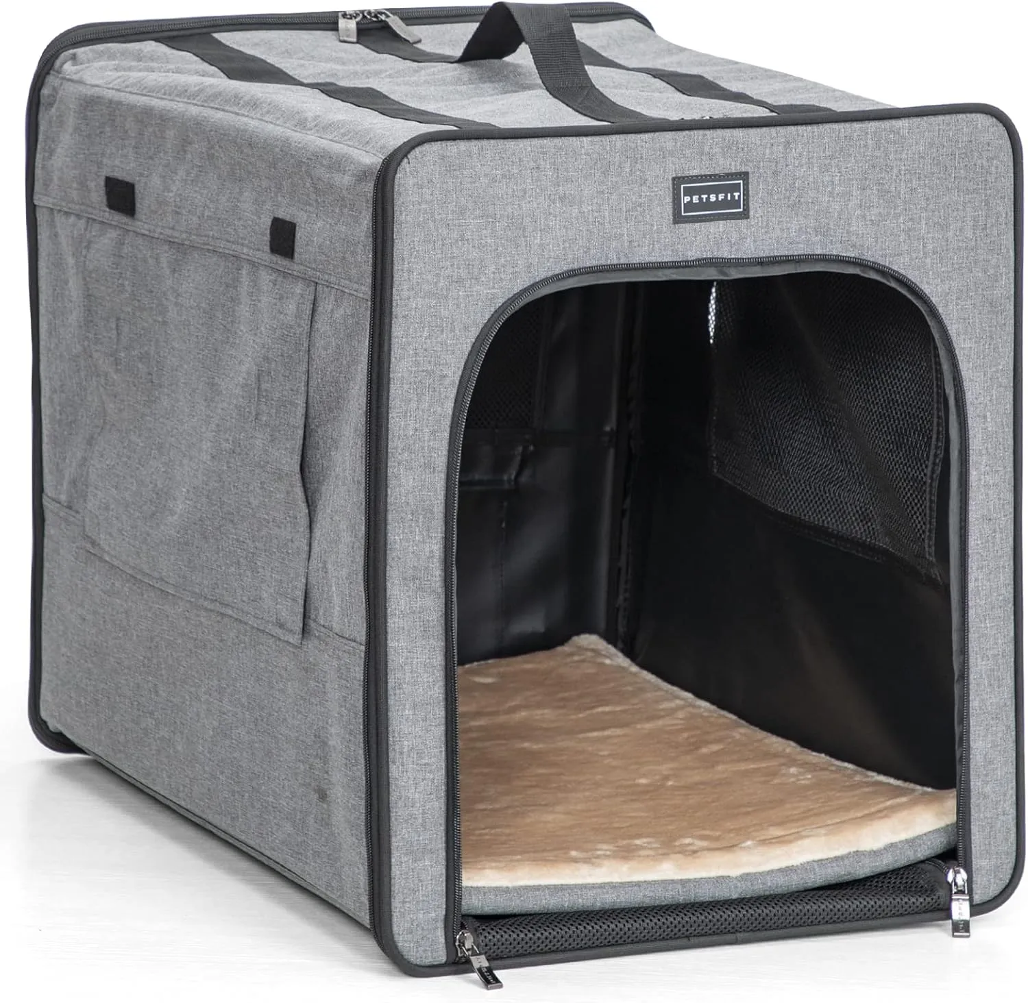PETSFIT Travel Dog Crate, Soft Sided Dog Crate - 24 Inch with Thicken Mat, Easy to Fold, Sturdy and Portable, Perfect for Traveling, Portable Dog Kennel Grey