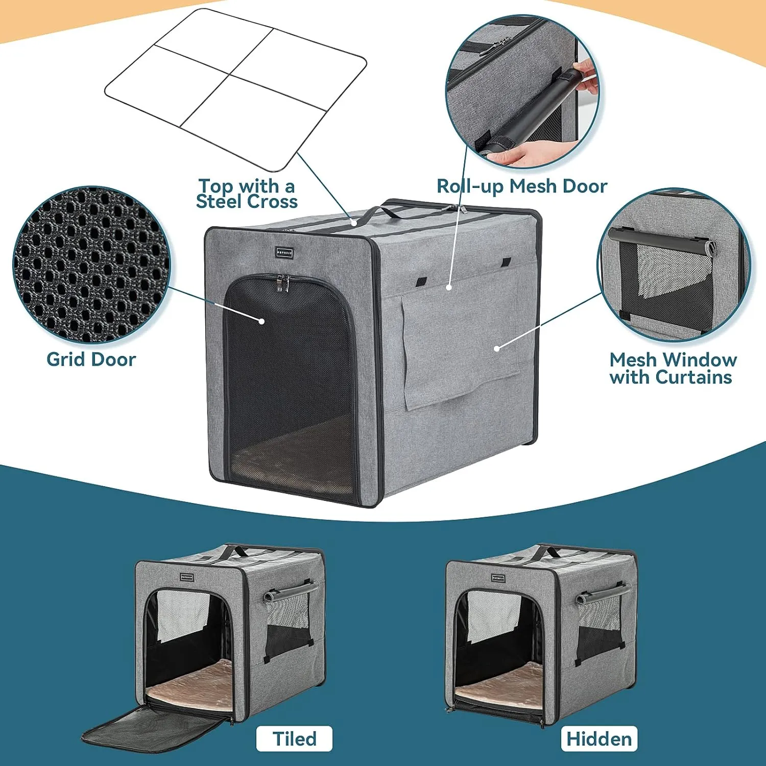 PETSFIT Travel Dog Crate, Soft Sided Dog Crate - 24 Inch with Thicken Mat, Easy to Fold, Sturdy and Portable, Perfect for Traveling, Portable Dog Kennel Grey