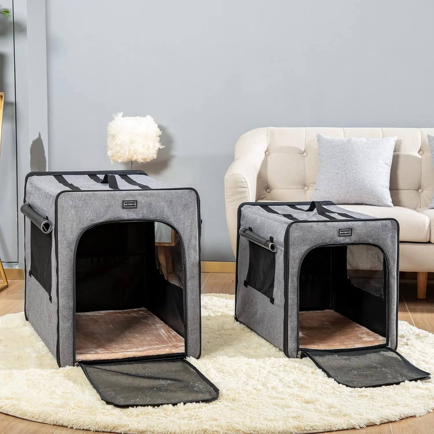 PETSFIT Travel Dog Crate, Soft Sided Dog Crate - 24 Inch with Thicken Mat, Easy to Fold, Sturdy and Portable, Perfect for Traveling, Portable Dog Kennel Grey