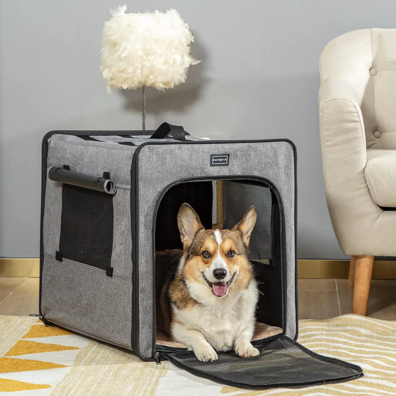 PETSFIT Travel Dog Crate, Soft Sided Dog Crate - 24 Inch with Thicken Mat, Easy to Fold, Sturdy and Portable, Perfect for Traveling, Portable Dog Kennel Grey
