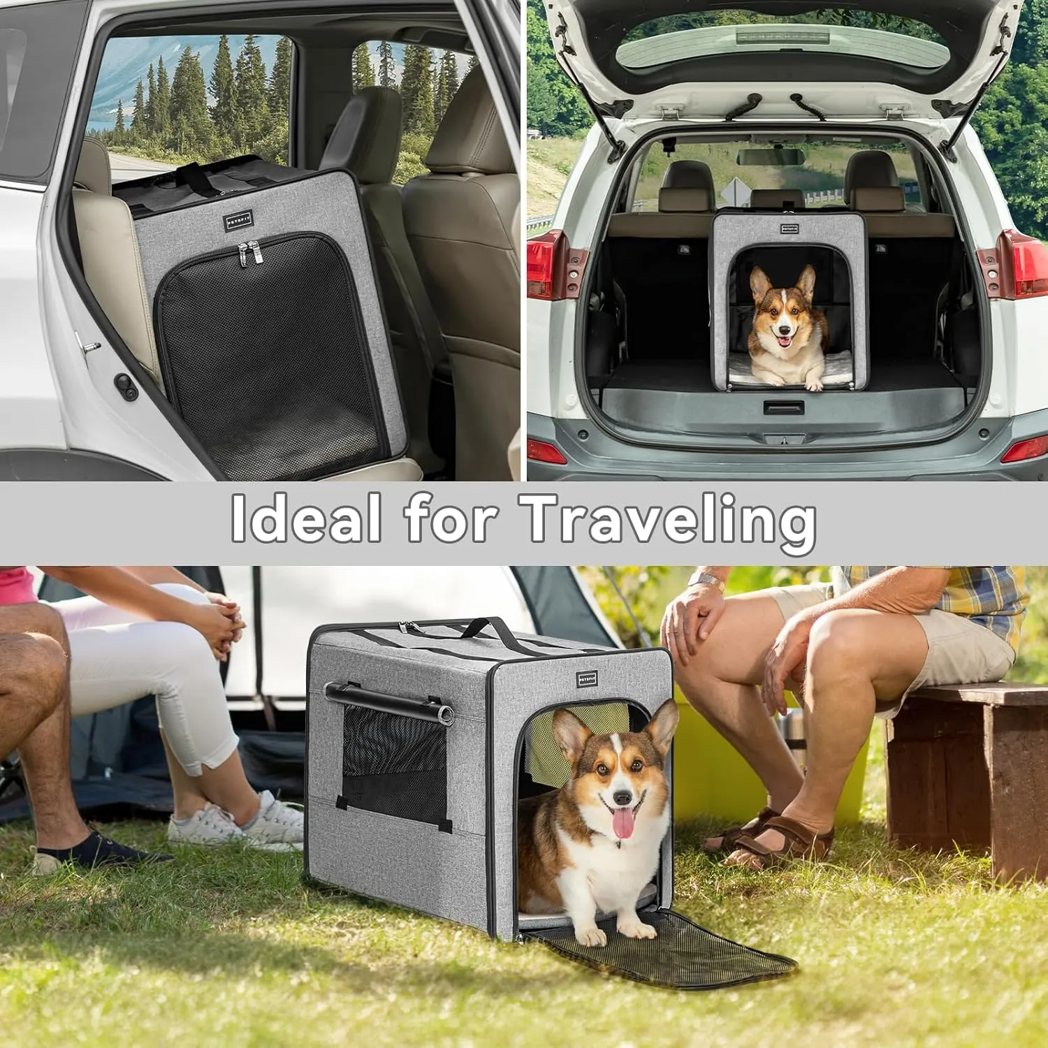 PETSFIT Travel Dog Crate, Soft Sided Dog Crate - 24 Inch with Thicken Mat, Easy to Fold, Sturdy and Portable, Perfect for Traveling, Portable Dog Kennel Grey