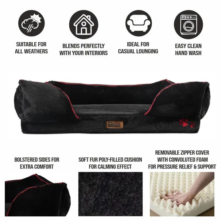 Petter World Ultra Luxury Micro Fur Orthopedic Sofa Bed with Sherpa Fur Cushion for Dogs and Cats Jet Black