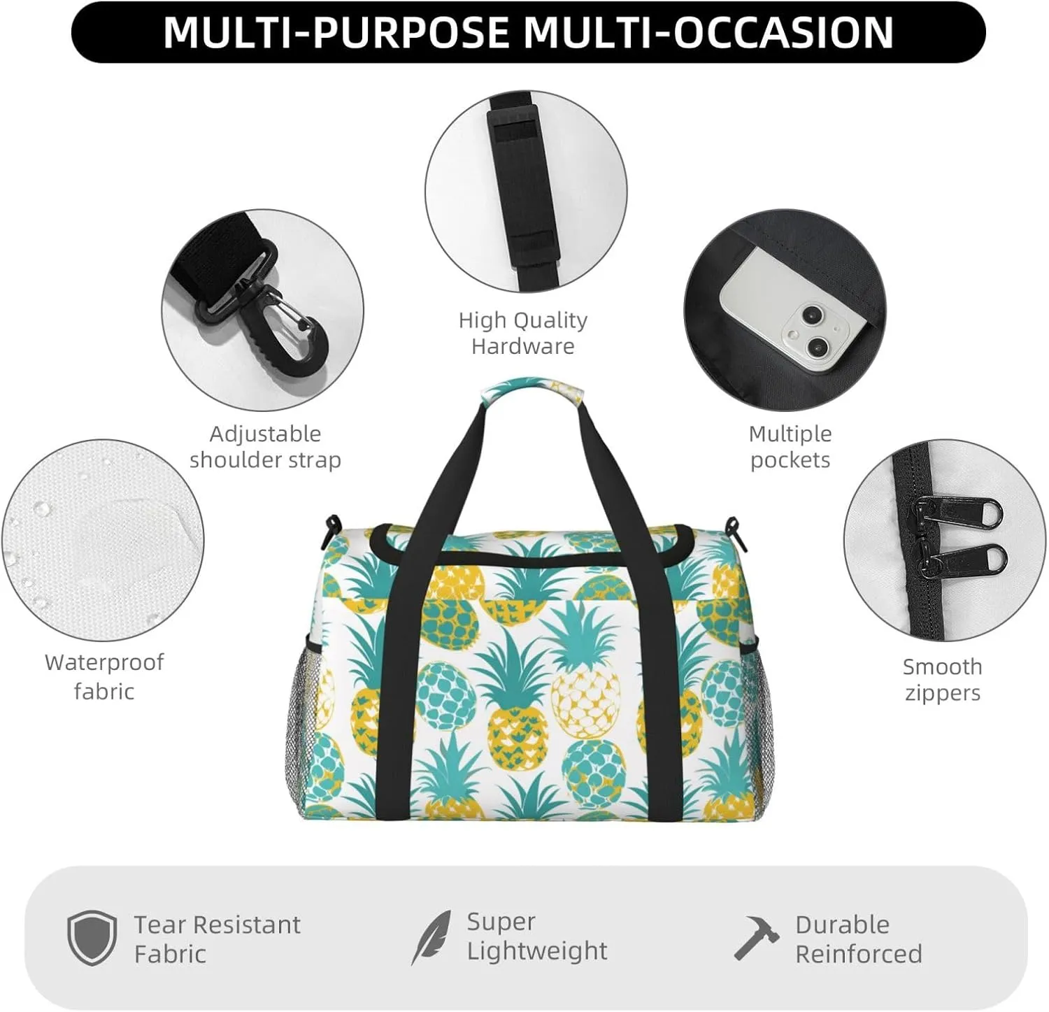 Pineapples Teal Colors Duffle Bag Foldable Travel Tote Bag Carry On Large Weekender Overnight Bags Waterproof Gym Bag For Women Men