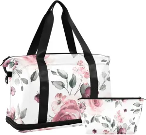 Pink Rose Versatile Sports Travel Bag - Lasting Twill Tote, Removable Wheel & Rod Bagging, Multi-pocket Design, Complimentary Makeup Bag