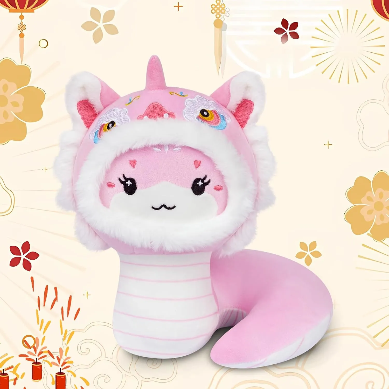 Pink Snake Stuffed Animals Plushie Doll Toys,Plush Snake Plush with Lion Dance Design,2025 Pink Stuffed Animals,Happy New Year Gift for Boys and Girls,Home Decor