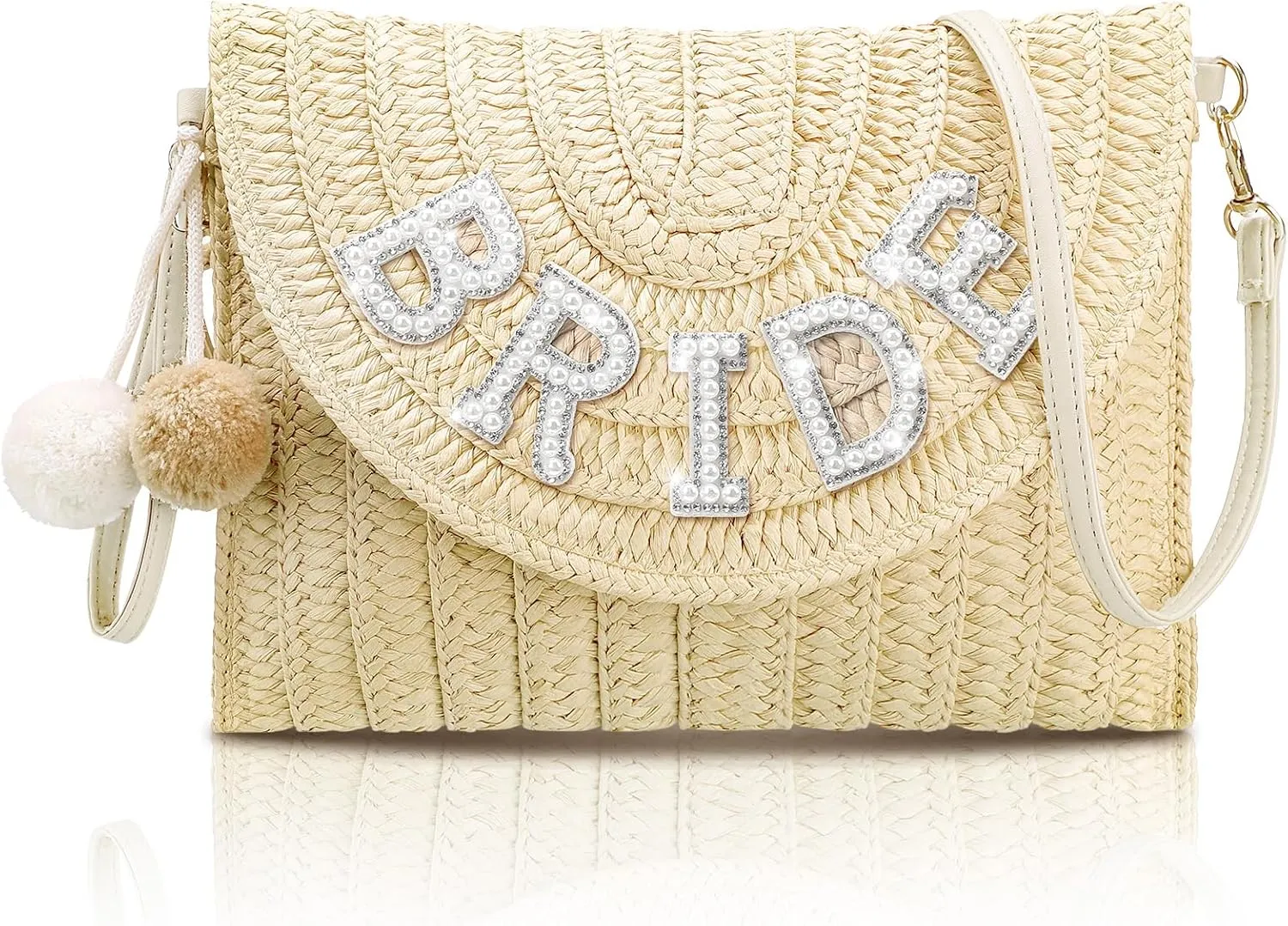 Pinkunn Bride Gift Straw Shoulder Bag Clutch Rhinestone Letter Purse Beach Bachelorette Honeymoon Wedding Bridal Shower