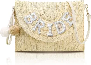 Pinkunn Bride Gift Straw Shoulder Bag Clutch Rhinestone Letter Purse Beach Bachelorette Honeymoon Wedding Bridal Shower