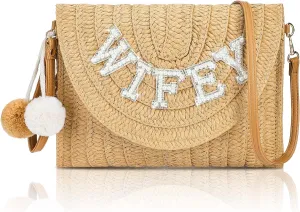 Pinkunn Bride Gift Straw Shoulder Bag Clutch Rhinestone Letter Purse Beach Bachelorette Honeymoon Wedding Bridal Shower